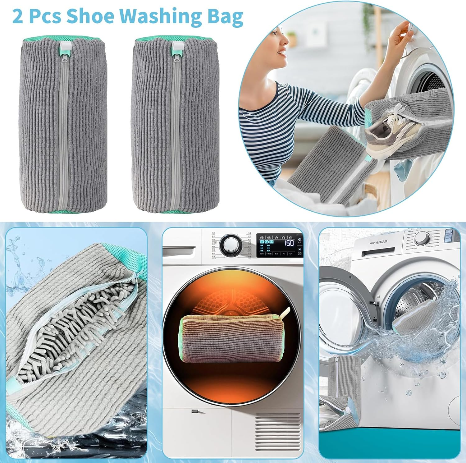 2 Pcs Shoe Washing Bag for Washing Machine, Reusable & Durable Laundry Mesh Bags for Washer & Dryer, Plush Protection for Sneakers, Trainers, Tennis Shoes, Gentle Wash & Dry Delicates (Grey) image number 5