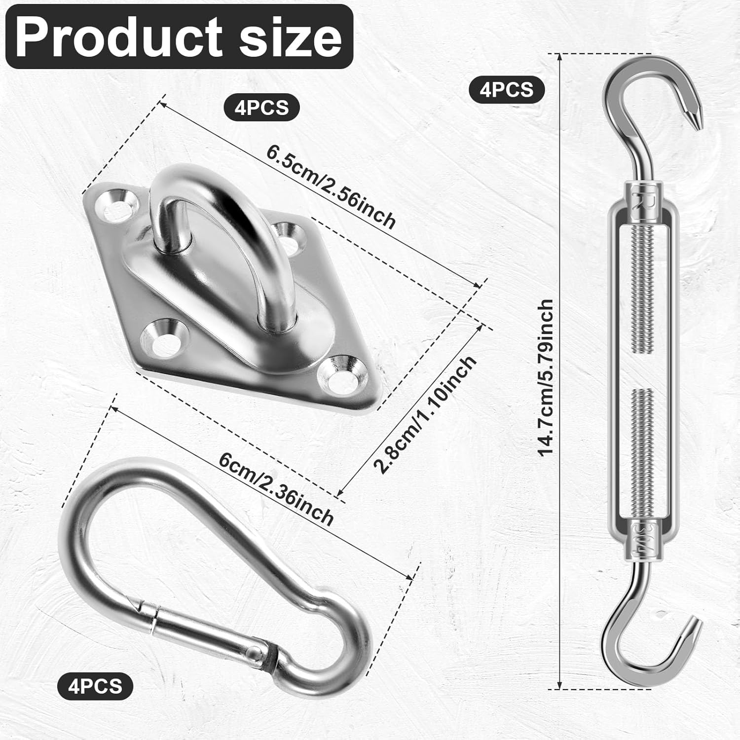 44Pcs Sun Shade Sail Hardware Kit Rectangle Square Triangle Shade Sail Mounting Kit 304 Stainless Steel M6 Awning Fixing Installation Kit Sun Shade Sail Installation Accessory for Patio image number 2