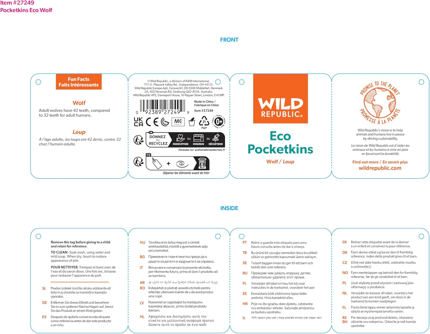 Wild Republic Pocketkins Eco Wolf, Stuffed Animal, 5 Inches, Plush Toy, Made from Recycled Materials, Eco Friendly image number 2