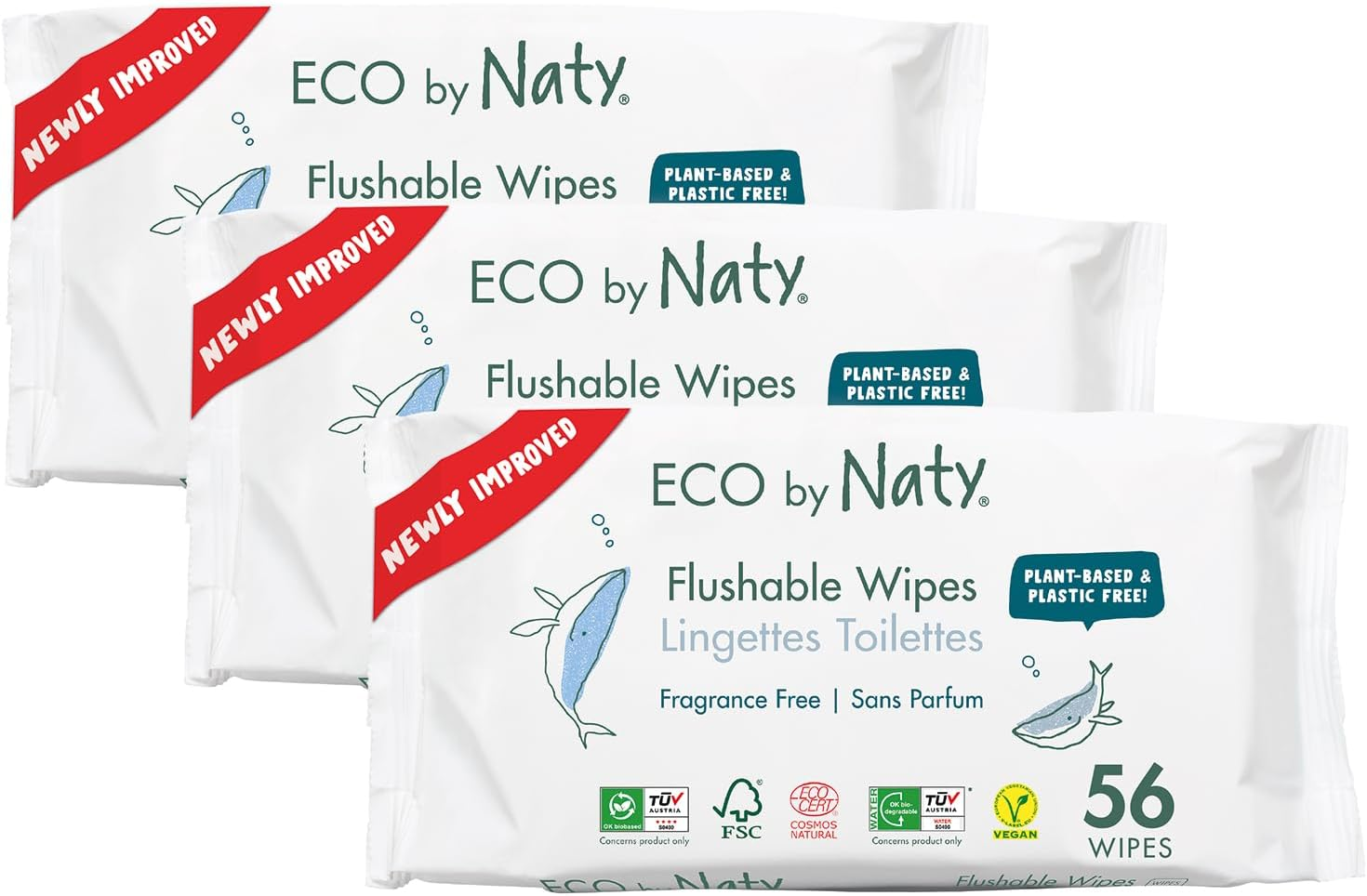 Eco by Naty Flushable Baby Wipes - Compostable and Plant-Based Wipes, Chemical-Free and Hypoallergenic Baby Wipes Safe for Baby Sensitive Skin, 56 Wipes per Pack (3 Pk) image number 1