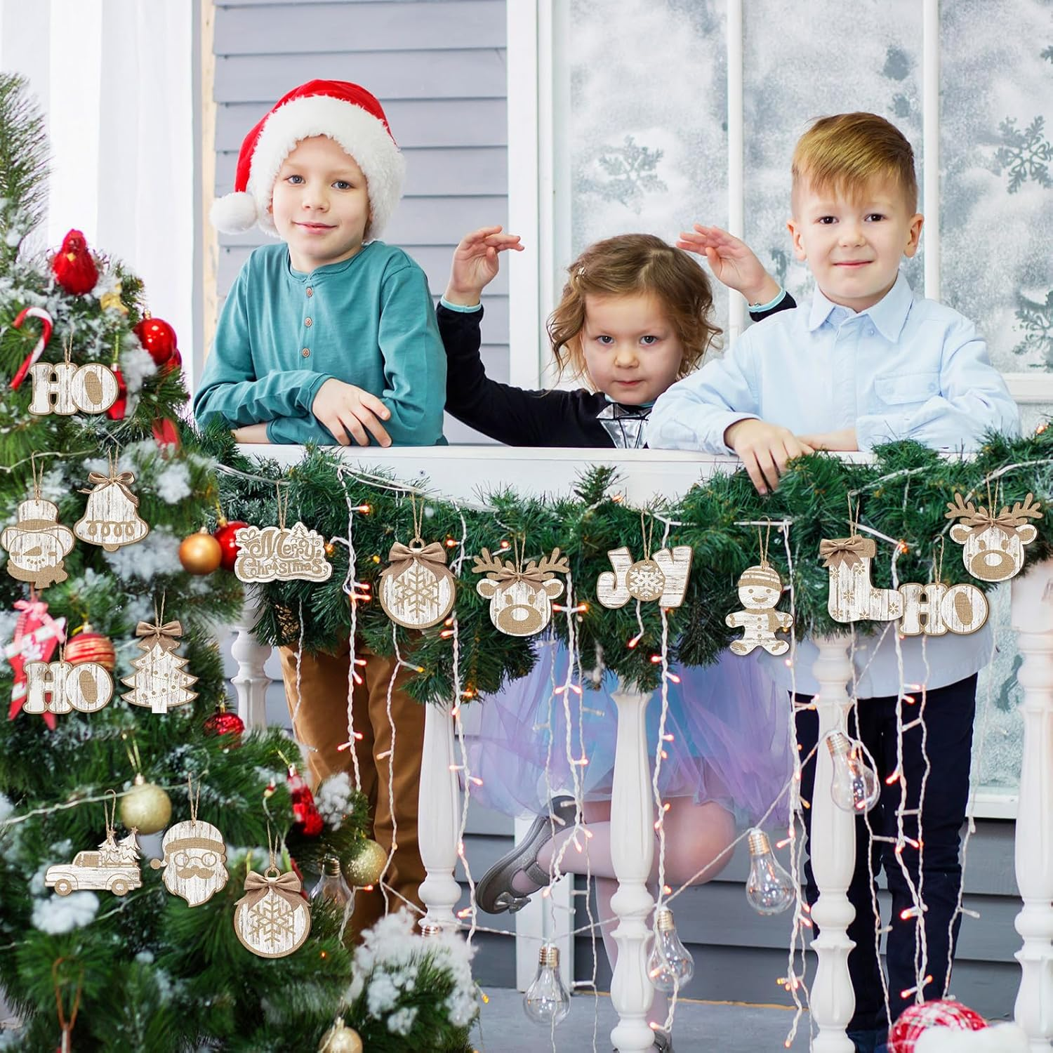 36 Pieces Christmas Buffalo Plaid Hanging Ornaments Christmas Tree Wooden Hanging Decor Wooden Christmas Ornaments Snowflake Reindeer Snowman Plaid Christmas Decor, 12 Styles (Wood Color)