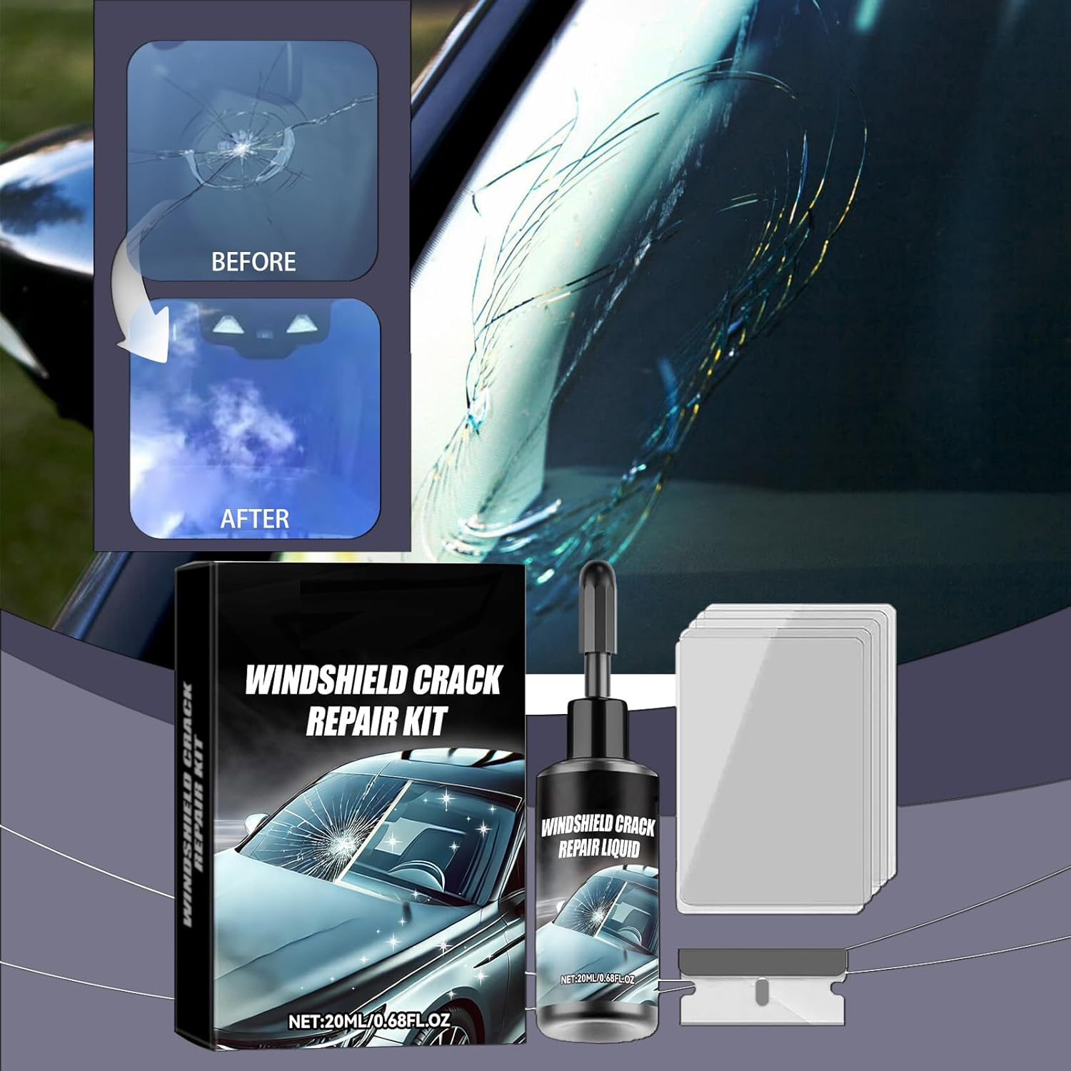 POKITA X Windshield Repair Kit &ndash; Glass Repair Kit for Cracks, Scratches & Star-Shaped Cracks, Professional General Car Windscreen Repair Tool image number 1