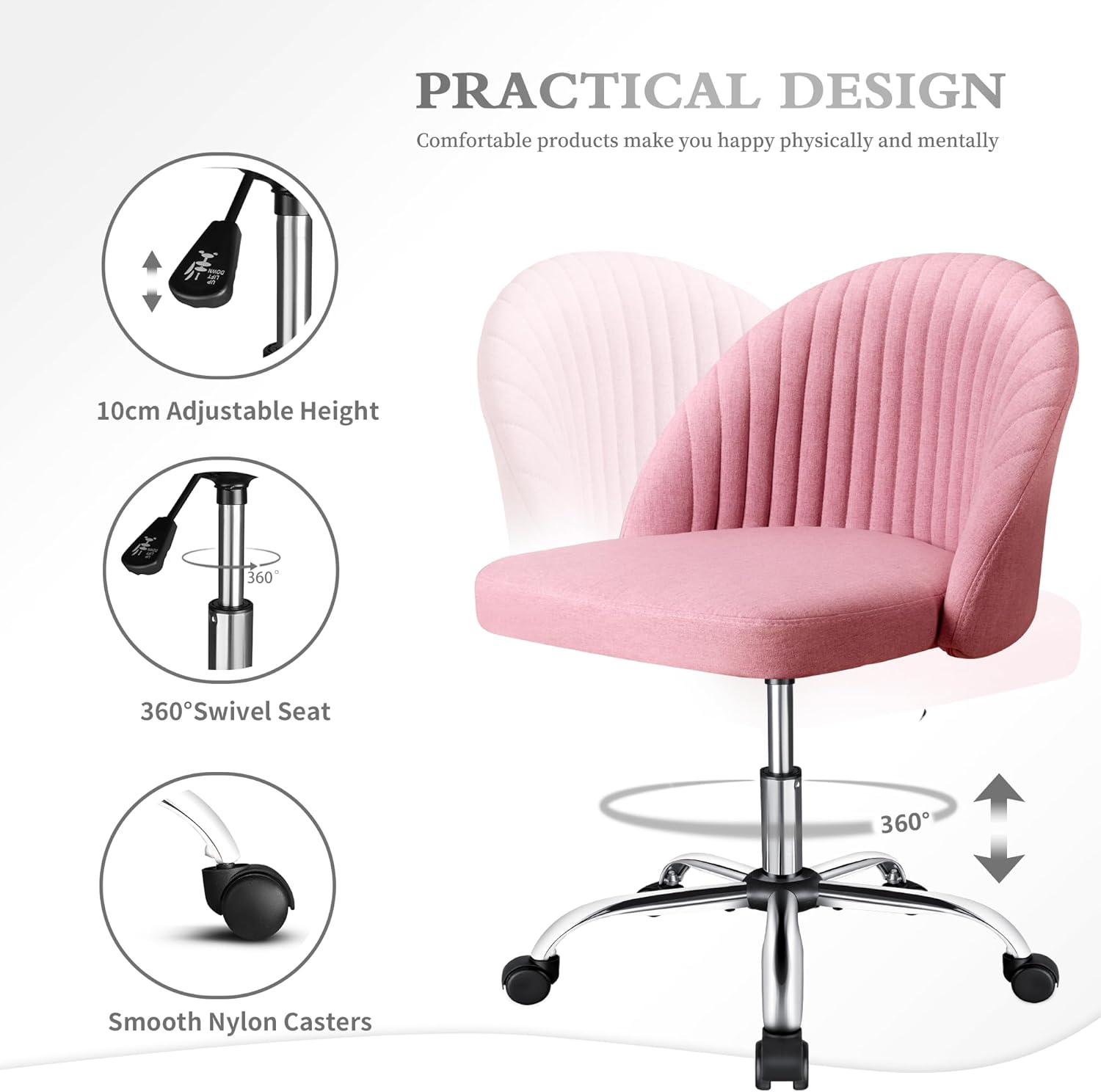Office Chair Mid-Back Armless Swivel Task Chair with Adjustable Height, Modern Fabric Upholstered Desk Chair with Wheels, Vanity Chair for Home Office, Bedroom, Living Room (Pink) - Grey image number 4