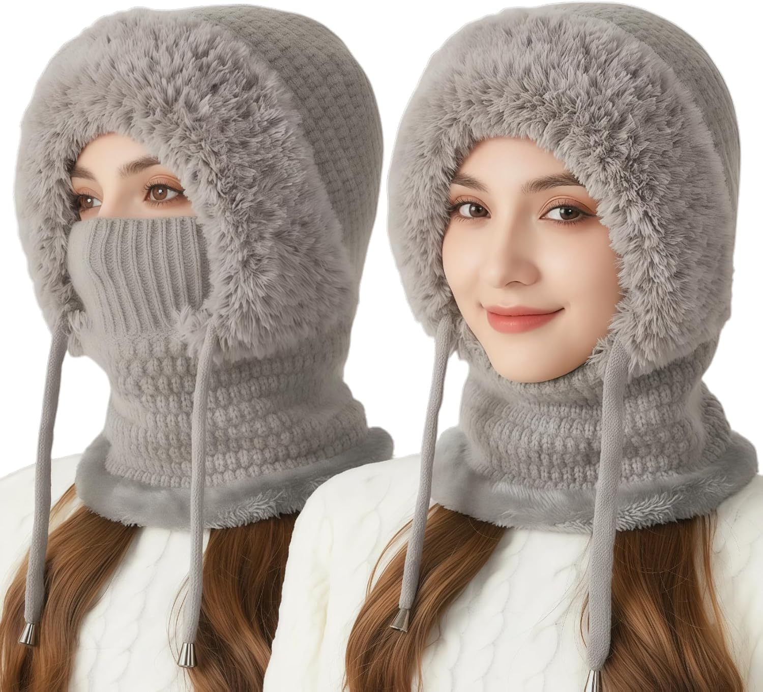 3 in 1 Beanie Hat for Women,Fleece Lined Hat with Scarf & Face Cover, Knitted Windproof Ski Mask Beanie for Cold Weather