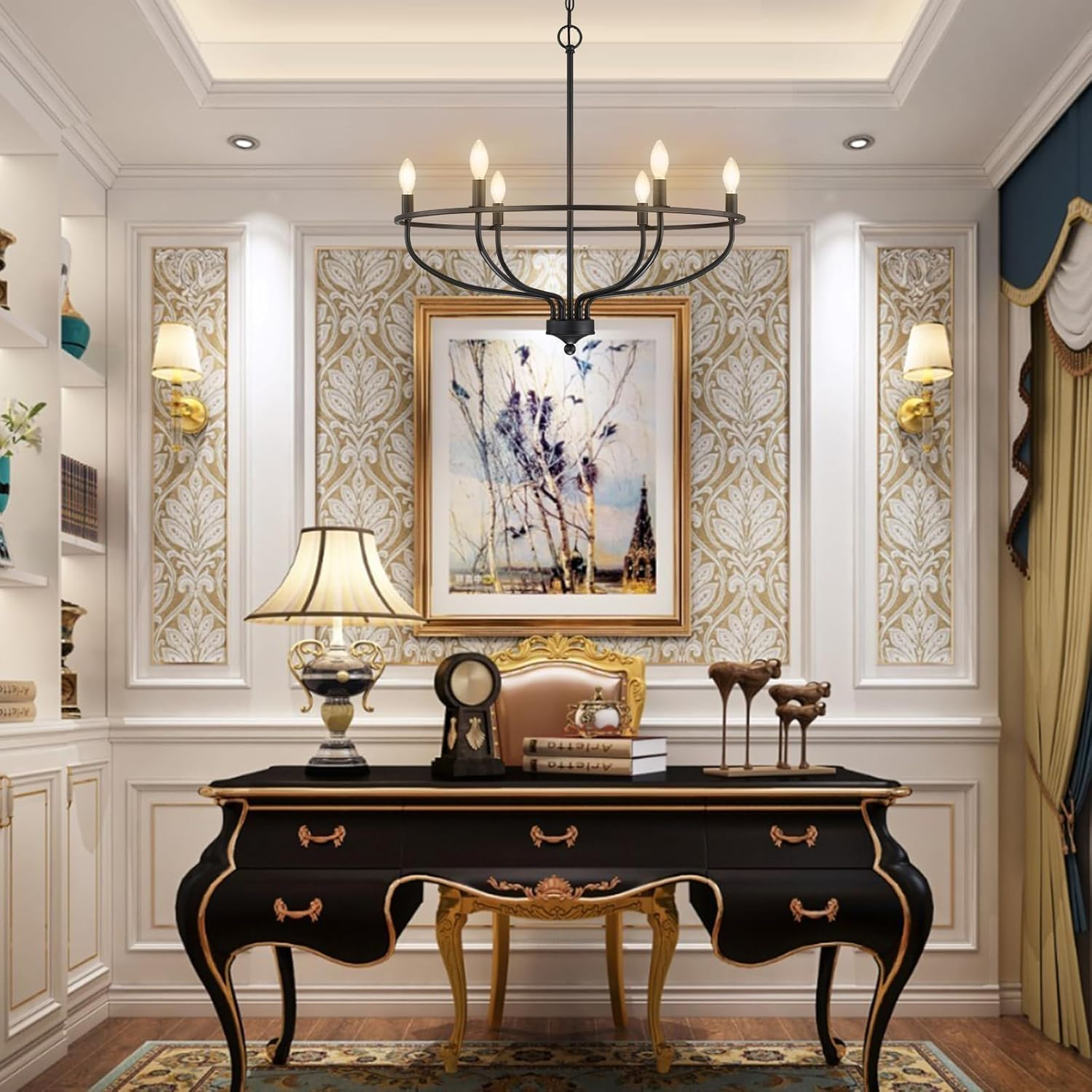 USOR 6-Light Black Chandelier Vintage Candle Farmhouse Iron Pendant Ceiling Light Fixture Wagon Wheel Chandelier over Table for Dining Room Living Room Kitchen D72.5Cmxh65Cm E14 Bulbs Included image number 1