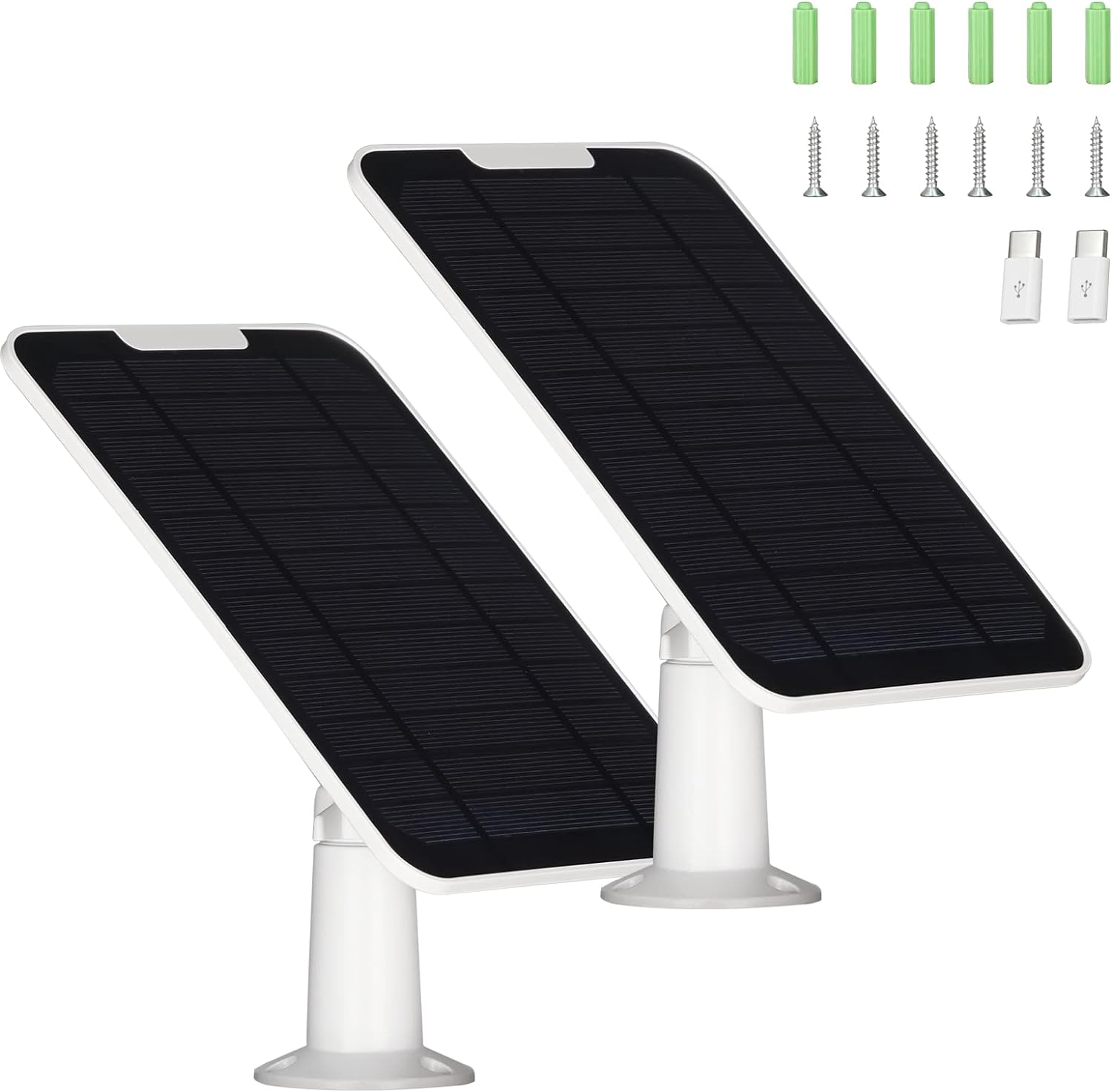Upgrade 5V 5W Solar Panel for Security Camera, Compatible with Eufycam 2C/2C Pro/2/2 Pro/E20/E40/E, Solar Panel with Micro USB Port, USB-C Adapter and 9.8Ft/3M Charging Cord, 2 Pack, White