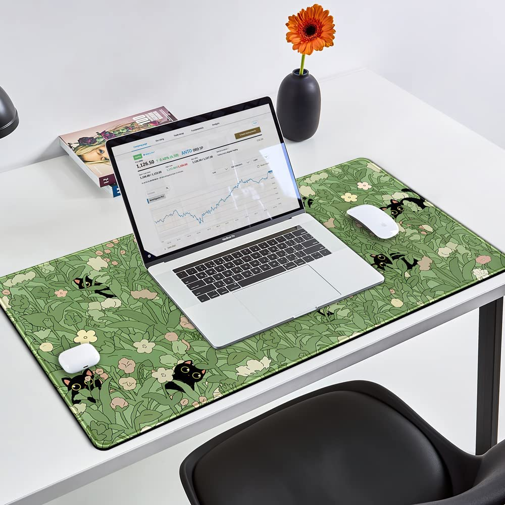 Green Mouse Pad XL Cat Cute Plant Cool Keyboard for Desk, Mat Kawaii Black Flower Desk Decor with Stitched Edges Non-Slip Large Computer 31.5X15.7In, B-Cat in the Meadow image number 5