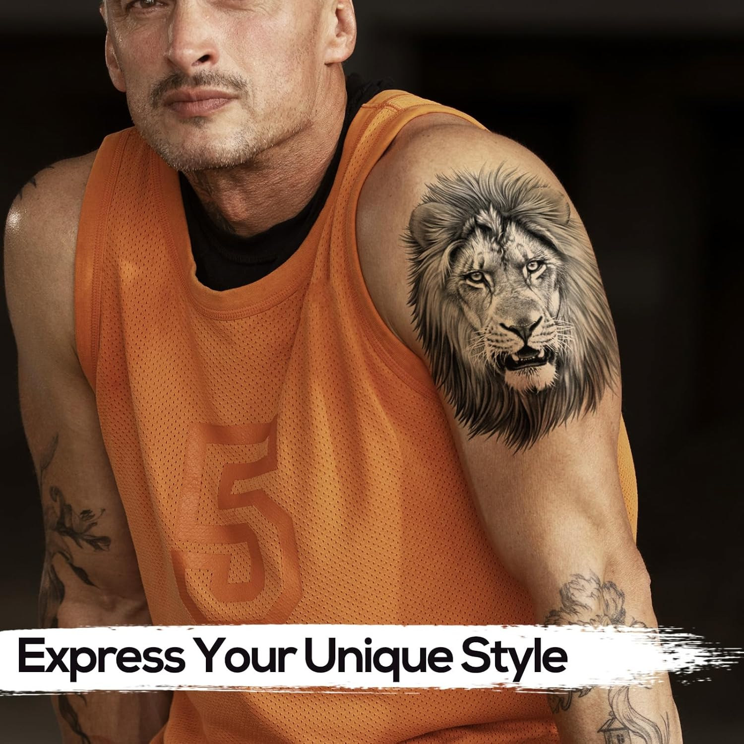 Kotbs 6 Sheets Large 3D Black Lion Face Temporary Tattoos for Men Women, Half Arm Sleeve Tattoo Stickers for Teens Adults, Waterproof Black Lion King Fake Tatoo image number 1