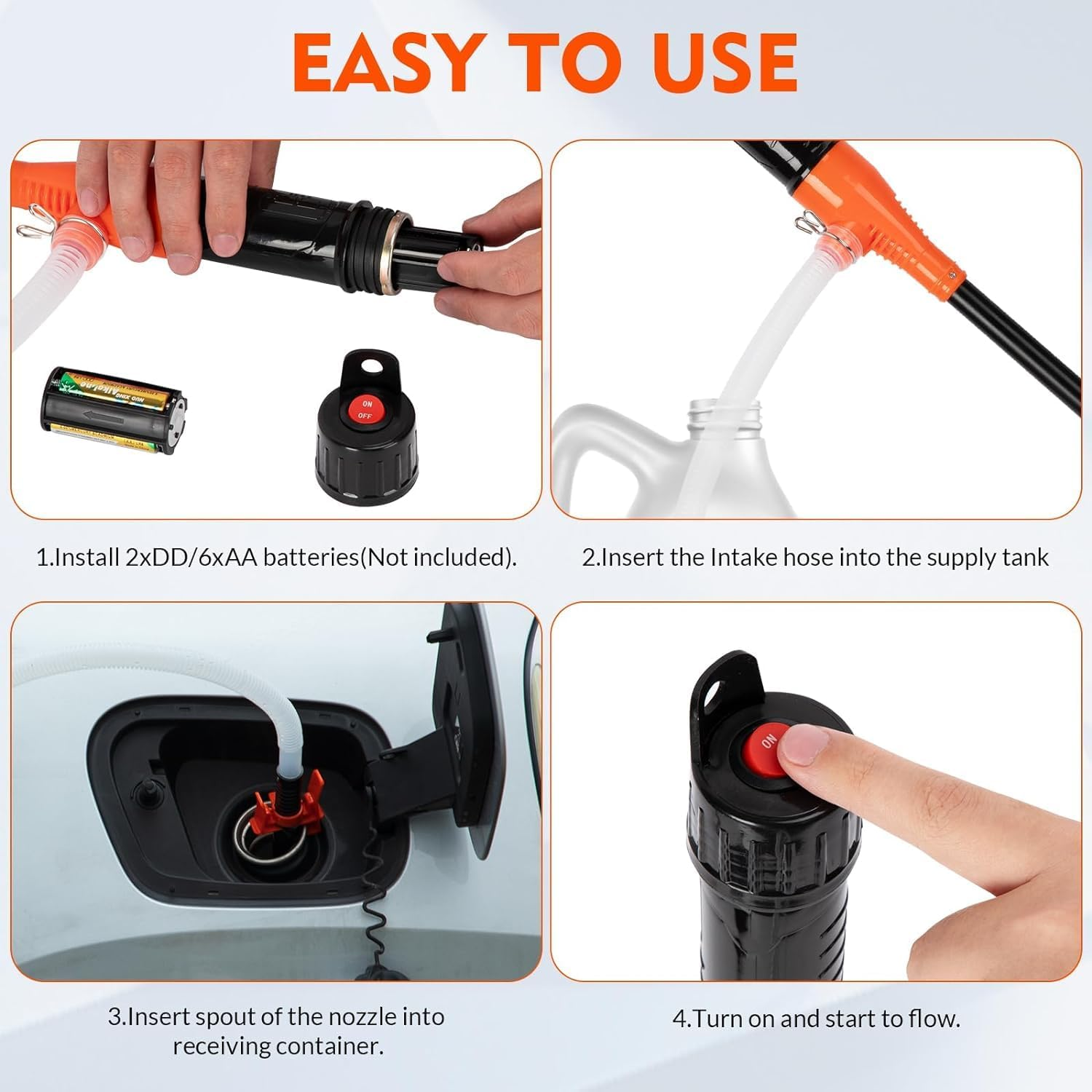 Portable Battery Operated Electric Siphon for Gas, Fuel, Diesel, Water 2.6 GPM Flow Oil Extractor - Easy to Use Hand Fuel, Multi-Use Siphon (Orange) image number 6
