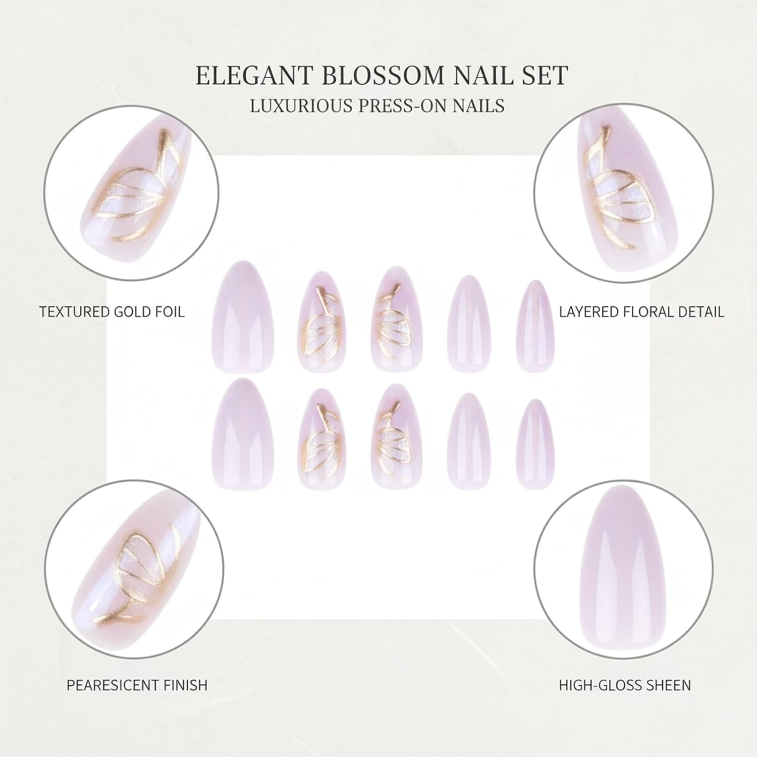 Press on Nails, 24-Piece Gold Butterfly Purple Fake Nails, Medium Length Stick on Nails for Women and Girls, Easy Application for Daily Decoration and Special Occasions