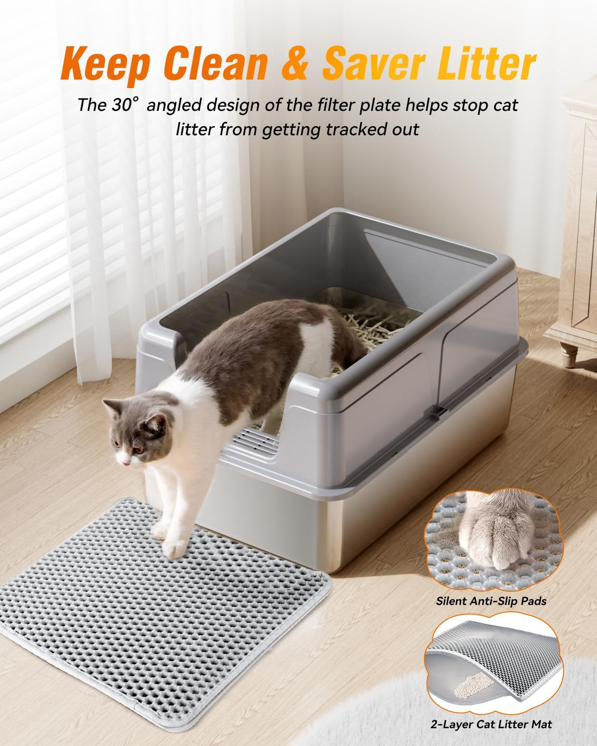 LOVELEDI Cat Litter Box - 2 Pack Stainless Steel Cat Litter Box, Extra Large Cat Little Tray with Lid for Big Cats, XXL Kitty Litter Pan Boxes with High Sides Enclosed, Non-Sticky, 61L X 40.6W X 30.5H
