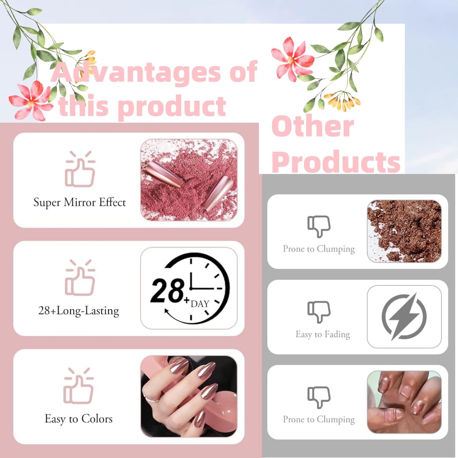 Luojinluoda Chrome Nail Powder 6 Jars Rose Gold Mirror Shine Manicure Pigment for Nail Art Decoration Salon & Home Use with Glitter Dust image number 2