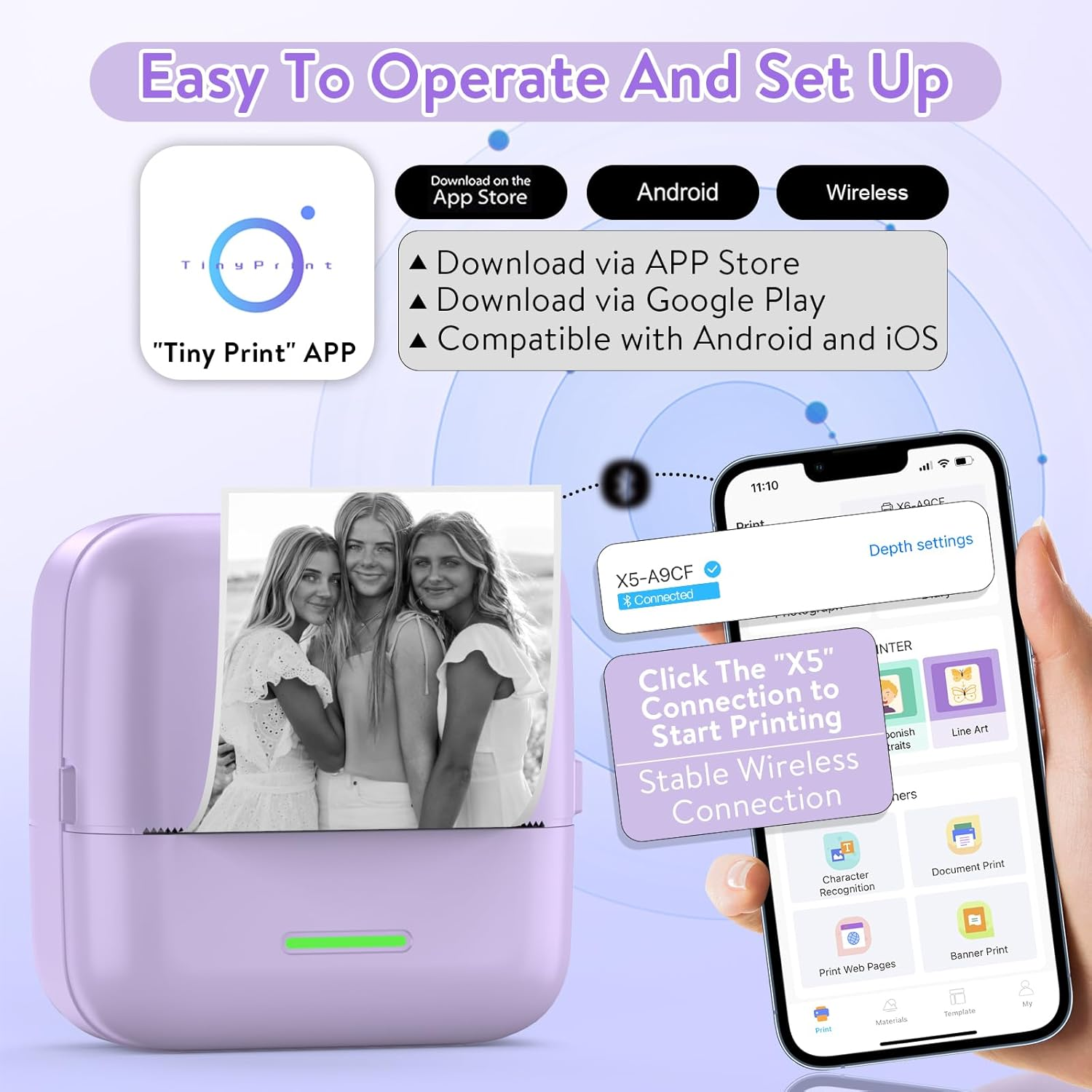 Huijukeji Mini Sticker Printer Bluetooth Smart Pocket Inkless Thermal Printer with 11 Rolls Thermal Paper and Sticker for Ios&Android, Portable Receipt Printer for Photo Journal Notes Memo - Blue image number 3