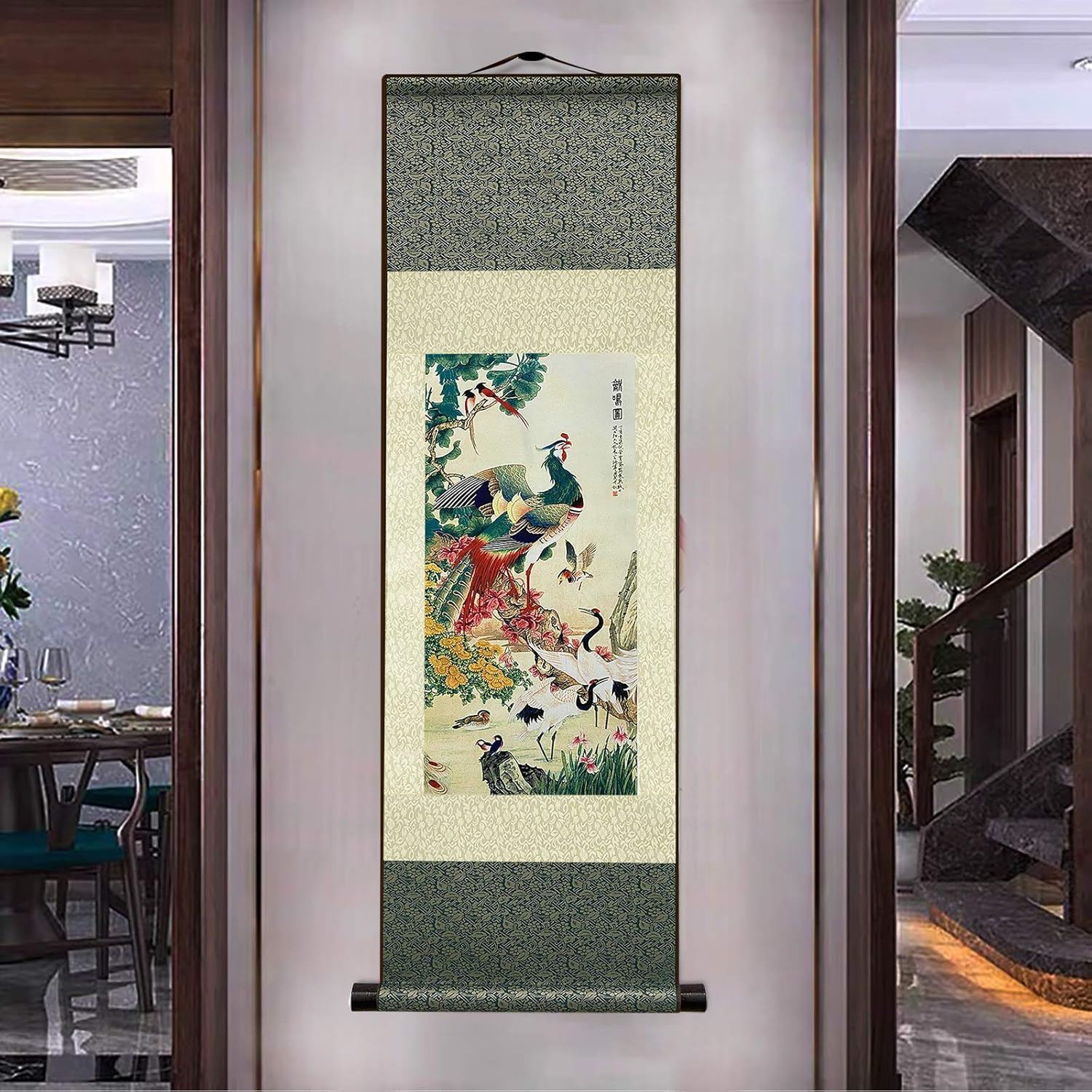 Silk Scroll Painting Asian Wall Decor Birds - Hundred Birds Respect the Phoenix Beautiful Chinese Art Wall Scroll Hanging Painting Scroll Oriental Decor(39 X 12 In)