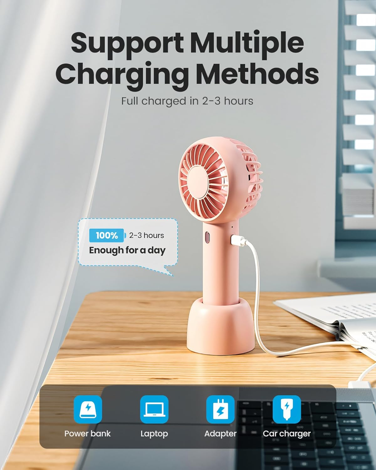 Gaiatop Mini Portable Fan, Powerful Handheld Fan, Cute Design 3 Speed Personal Small Desk Fan with Base, Lightweight Makeup USB Rechargeable Fan for Stylish Girl Women Travel Indoor Outdoor Pink - Navy Blue, Green image number 2