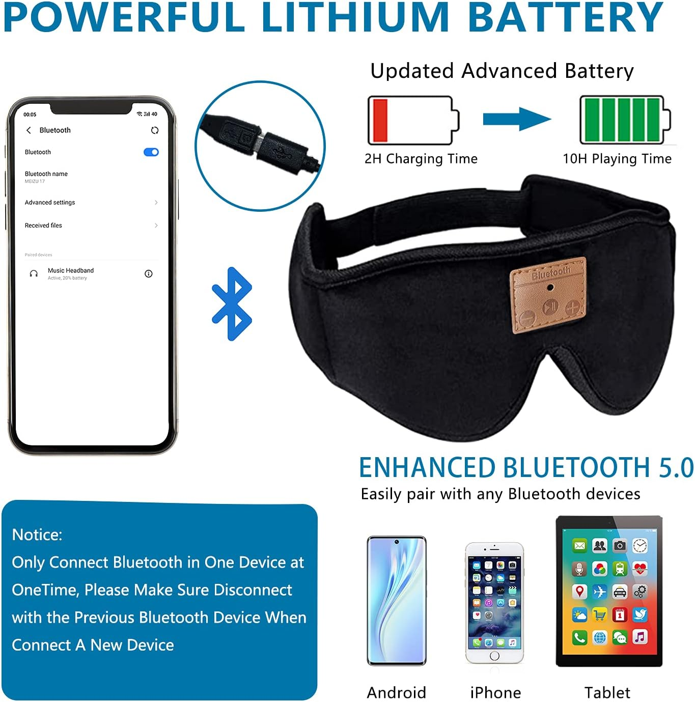 ZRUHIG Bluetooth Sleep Mask, Sleep Mask with Bluetooth Headphones, Eye Mask with Sleeping Headphones for Side Sleeper, Nap, ASMR, Air Travel, Meditation, Relaxation, Black image number 4