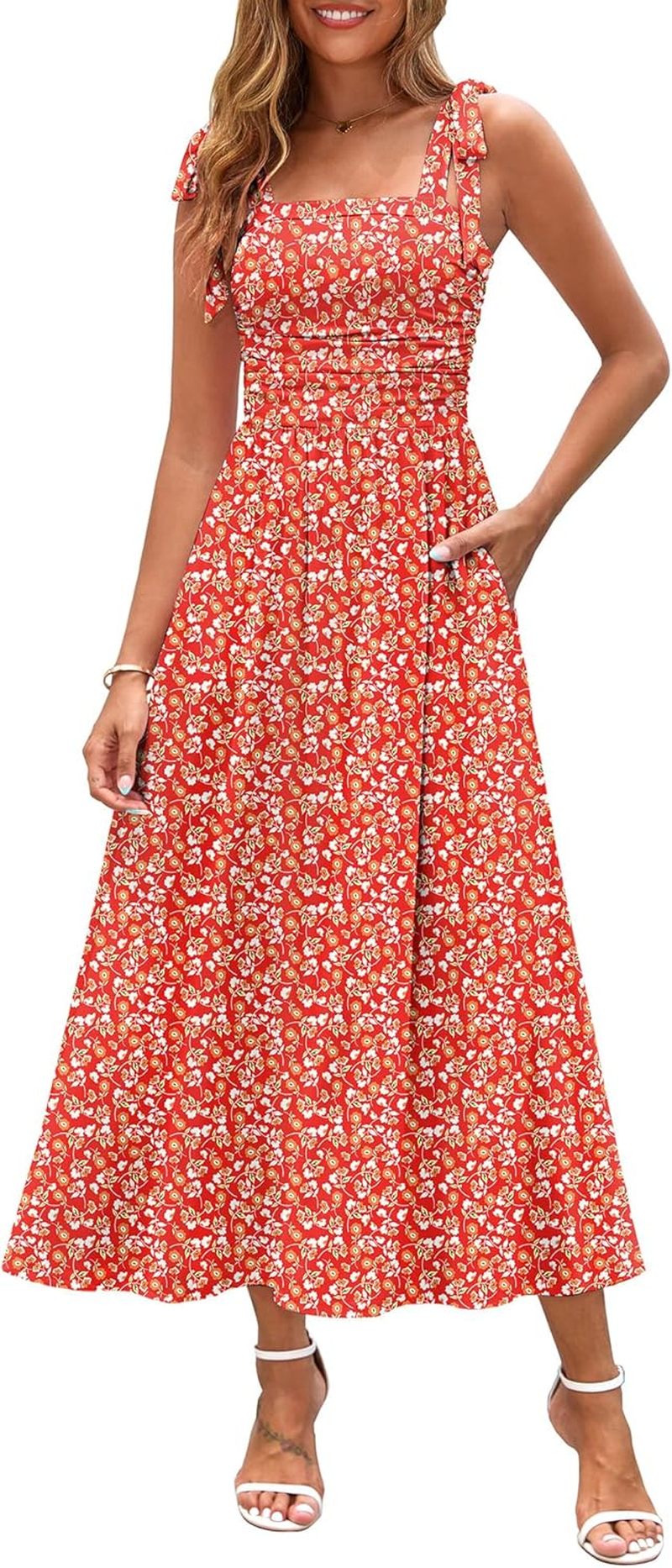 Zattcas Womens 2025 Summer Spaghetti Strap Floral Maxi Dress with Pockets Smocked Flowy Long Beach Vacation Sundresses image number 5