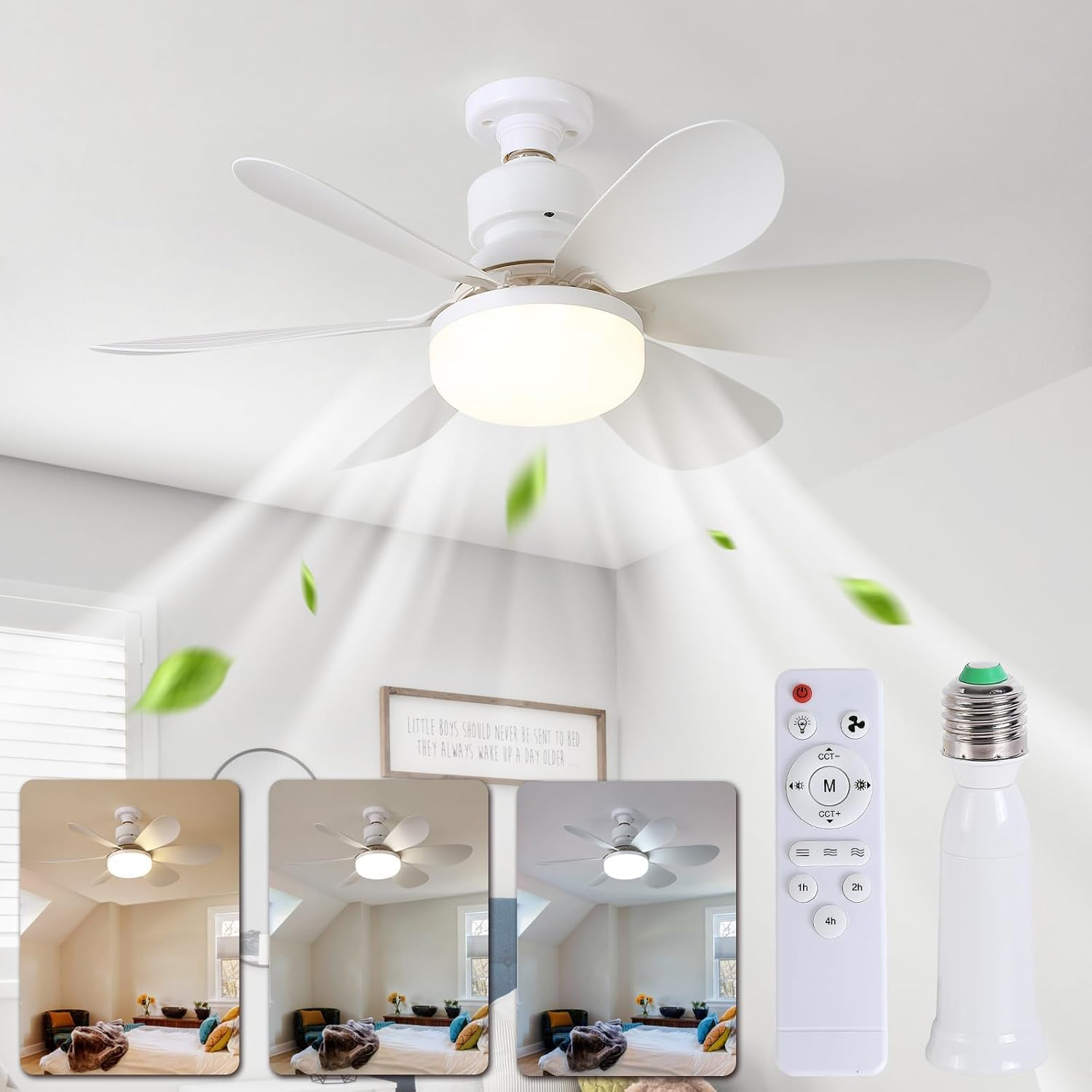 Socket Fan Light with 6 Blades, 3 Color Dimmable & 3 Speeds, 20.5" E27 Base Ceiling Fan with Light for Garage, Bedroom, Bathroom & Kitchen, 40W Screw-In LED Ceiling Fan image number 5