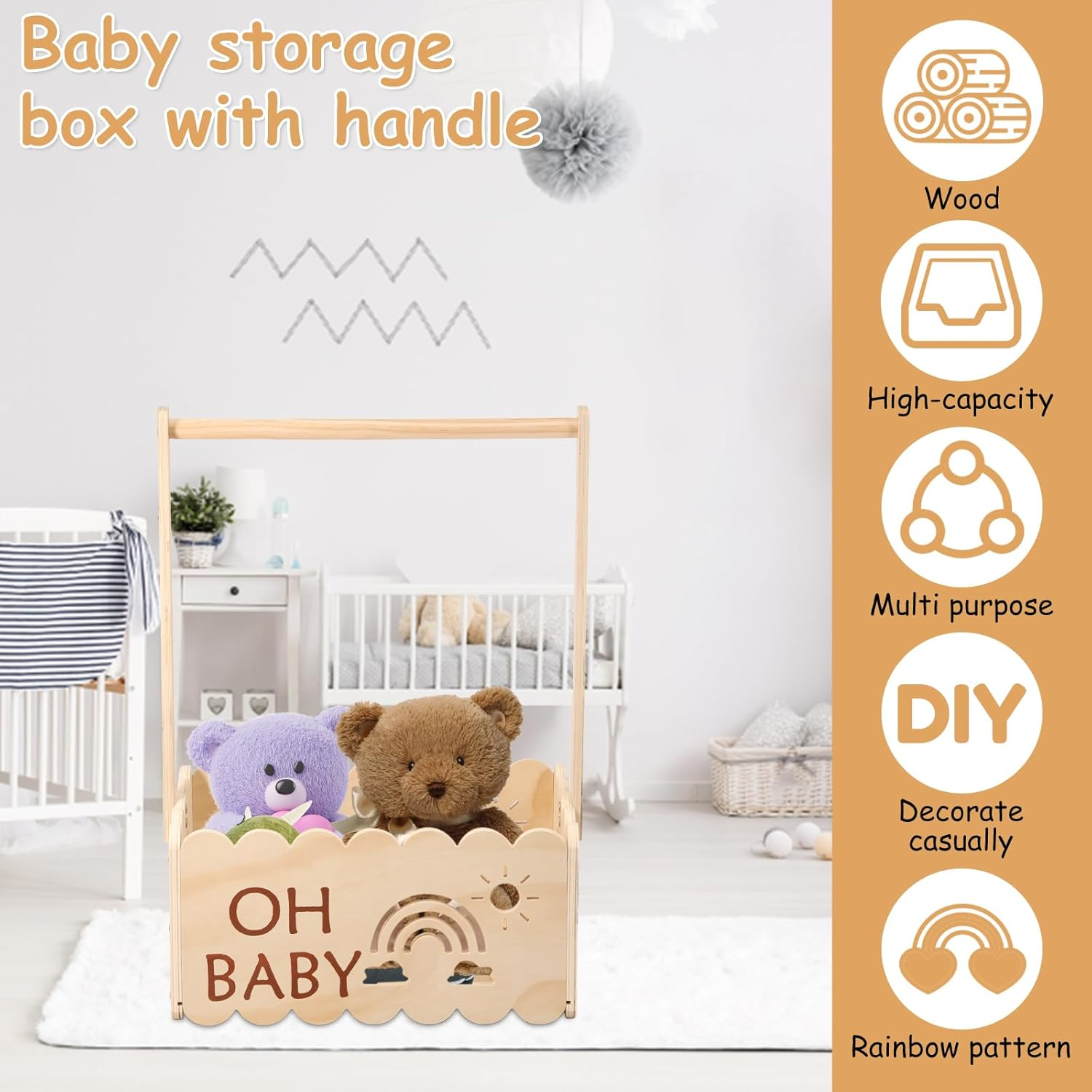 Awobepl Baby Shower Crate with Handle Wood Baby Crate Closet Cute Baby Hamper Basket Practical Baby Storage Crate for New Born Baby New Parents