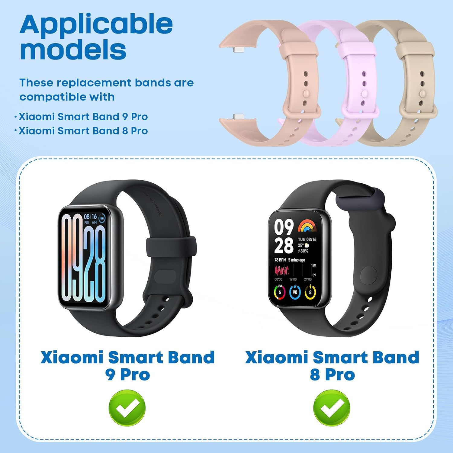 Xisair 3 Silicone Wristbands Compatible with Xiaomi Smart Band 9 Pro and Xiaomi Smart Band 8 Pro Sports Wristband, Silicone, Breathable, Soft and Comfortable Replacement Bands Suitable for Miband 9 - Black  Navy  Fir Green image number 7