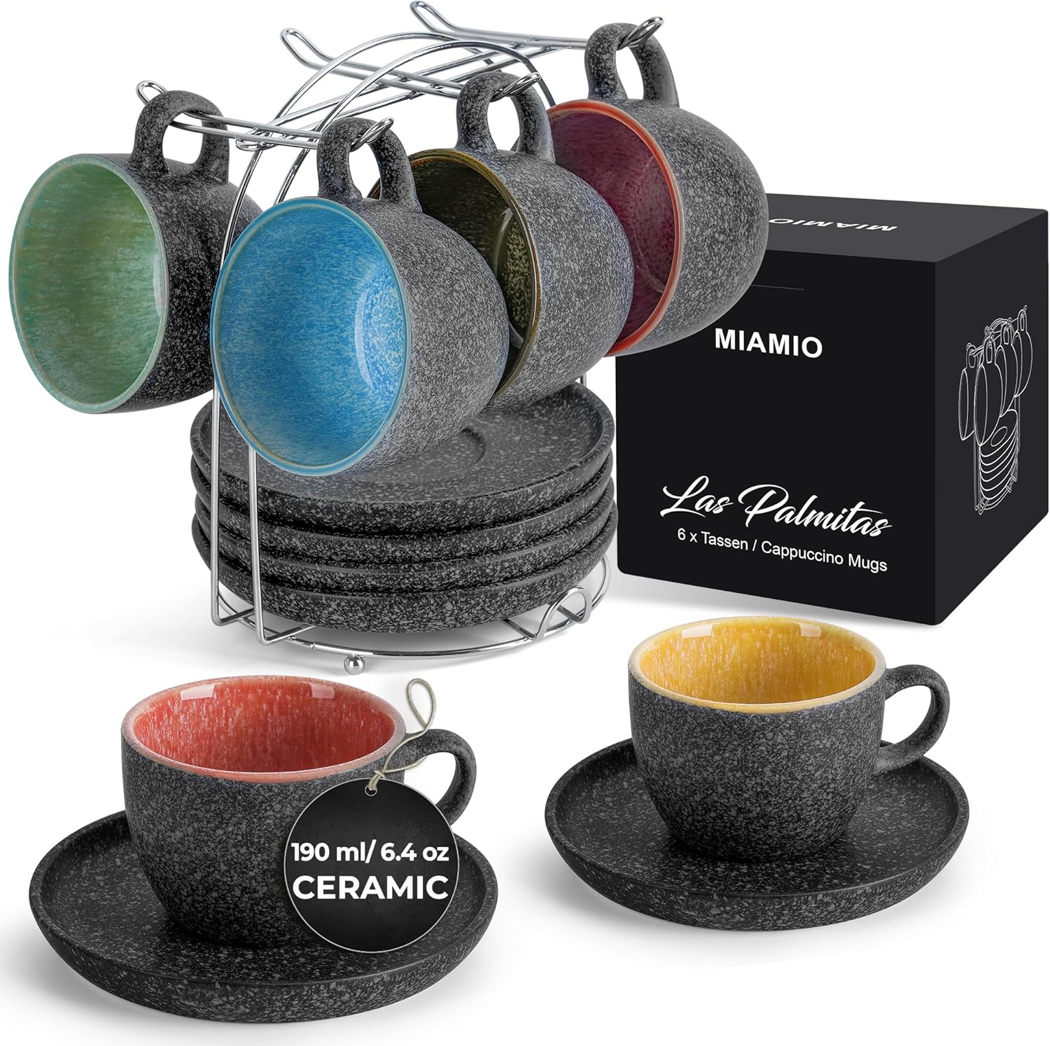 MIAMIO &ndash; 190 Ml Ceramic Stackable Cappuccino Cup with Saucers and Metal Stand &ndash; Set of 6 Stoneware Cappuccino Mug Set for Specialty Coffee Drinks, Americano, Latte &ndash; Las Palmitas Collection