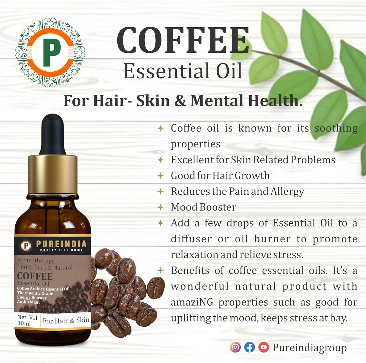 Pureindia Rosemary Essential + Coffee Essential Oil for Hair Growth, Hair Fall Control and Nourishment, Skin Care, 100% Pure, Natural, Undiluted |Pack of -2, 30Ml Each