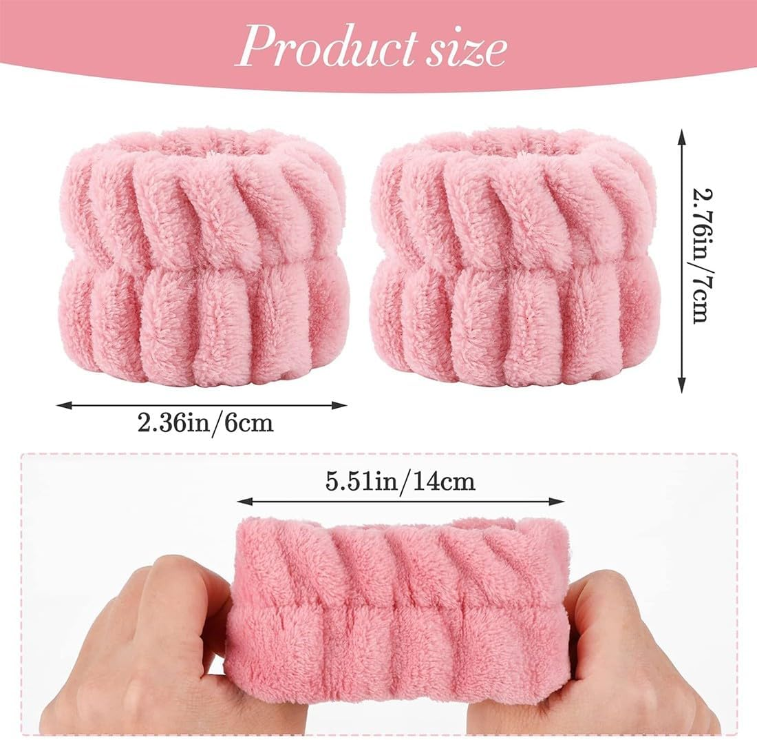 2 Pairs of Spa Wrist Wash Bands, Face Wash Bracelets, Coral Absorbent Bracelet for Washing, Pink + White, for Women, Prevents Spilling of Liquid image number 2