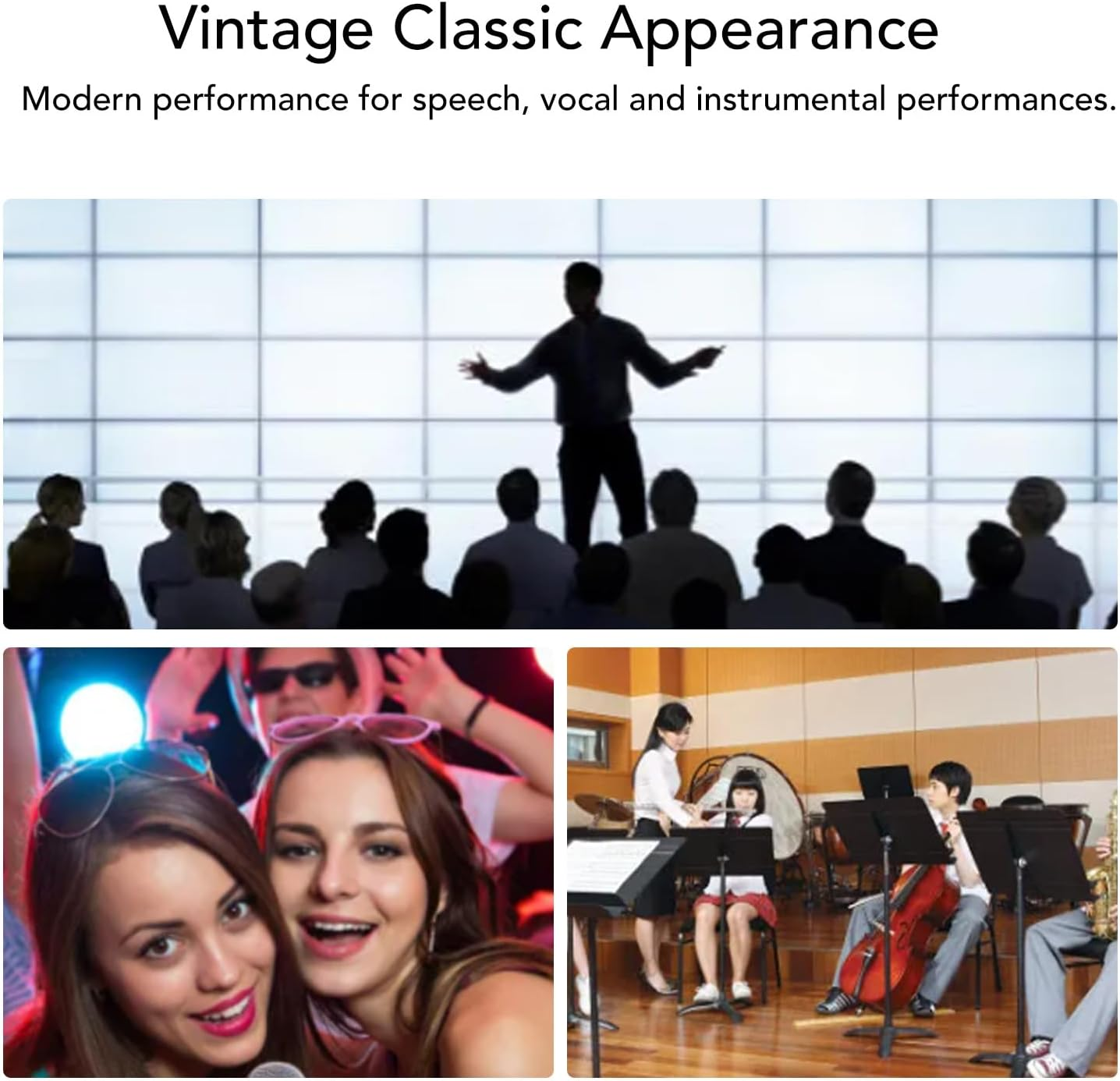 Classic Retro Dynamic Vocal Microphone, Old Vintage Style Cardioid Directional Mic with Self Tensioning Swivel Rack, for Live Performance Studio Recording (Silver)