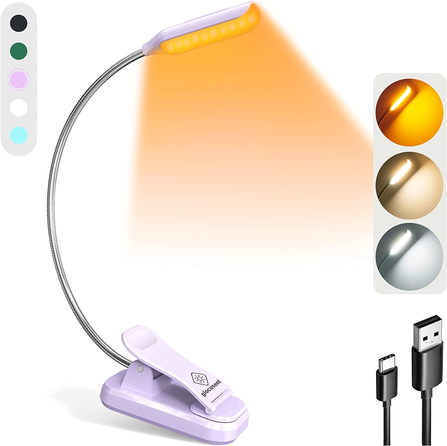 Glocusent Lightweight Rechargeable 10 LED Amber Book Light for Reading in Bed, Eye-Care Clip-On Reading Light up to 80 Hours, 3 Brightness X 3 Color Modes, Perfect for Bookworms, Kids & Travel