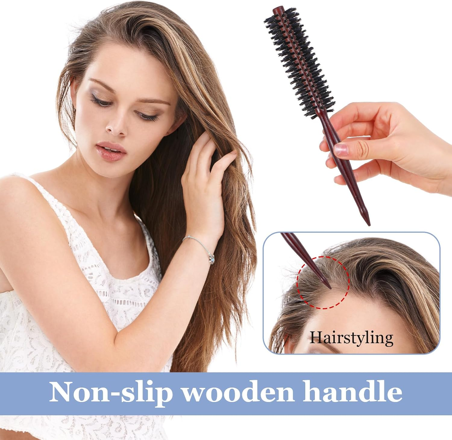 Wanmu 2 Pcs Boar Bristle Hair Brush, Small Natural Bristles round Brushes Roller Beard Hairbrush with Wood Handle for Women Men Blow Drying, Styling, Thin or Short Hair, Restore Shine