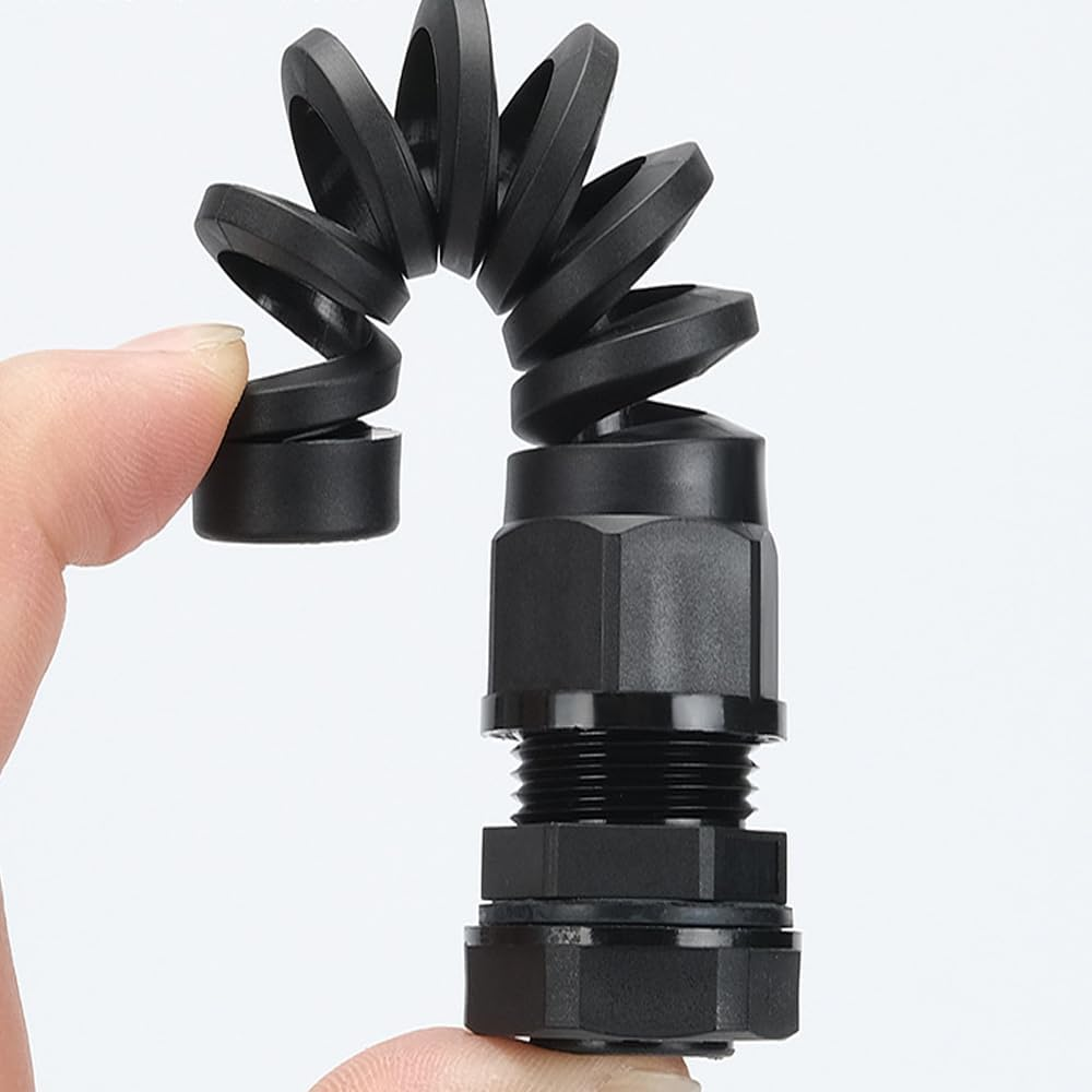 Walquicks 12 Pcs Black PG7 IP68 Cable Gland 3-6.5Mm Wire Hole Waterproof Nylon Joint with Adjustable Flex Spiral Locknut and Strain Relief for Cable Fixing image number 2