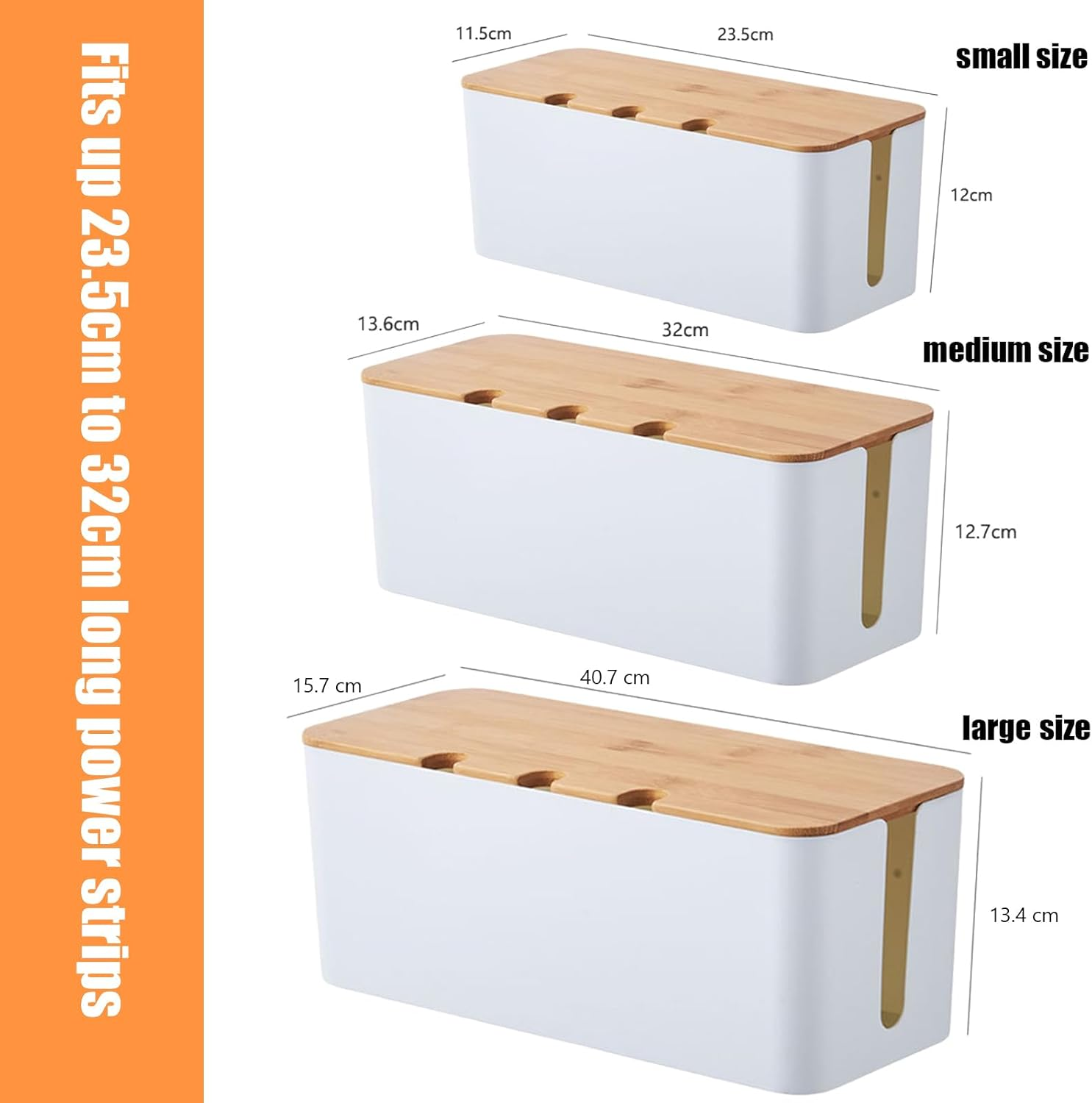 3 Sets of Cable Management Box,Bamboo Cover Cable Organizer Box Storage Tidy for Desk TV Computer USB Hub Phone Holder, Powerboard Charging Cable image number 5