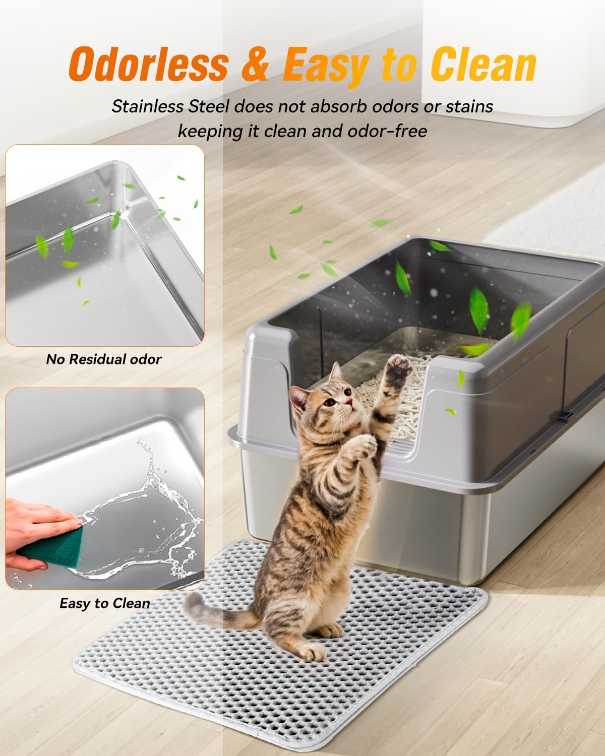 LOVELEDI Cat Litter Box - Stainless Steel Cat Litter Box, Extra Large Cat Little Tray with Lid for Big Cats, XXL Kitty Litter Pan Boxes with High Sides Enclosed, Non-Sticky, 61L X 40.6W X 30.5H CM image number 4
