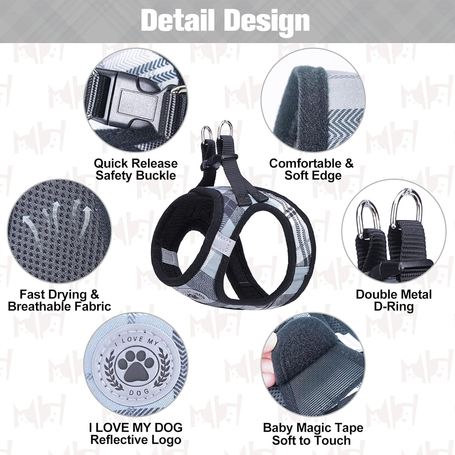 BEAUTYZOO Small Dog Harness and Leash Set,Step in No Choke No Pull Soft Mesh Dog Harnesses Reflective for Extra-Small Medium Puppy Dogs and Cats, Plaid Dog Vest Harness for XS S Pets, Grey XS image number 5