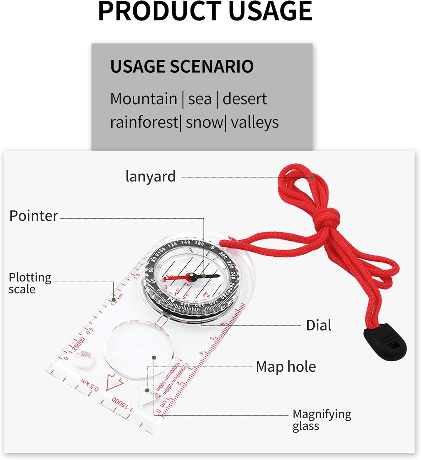DOETYD Navigation Compass Map Ruler Magnifier with Adjustable Lanyard for Explorer Outdoor Adventure Enthusiasts, Navigation Compass for Map Reading Orienteering Survival, Red image number 5