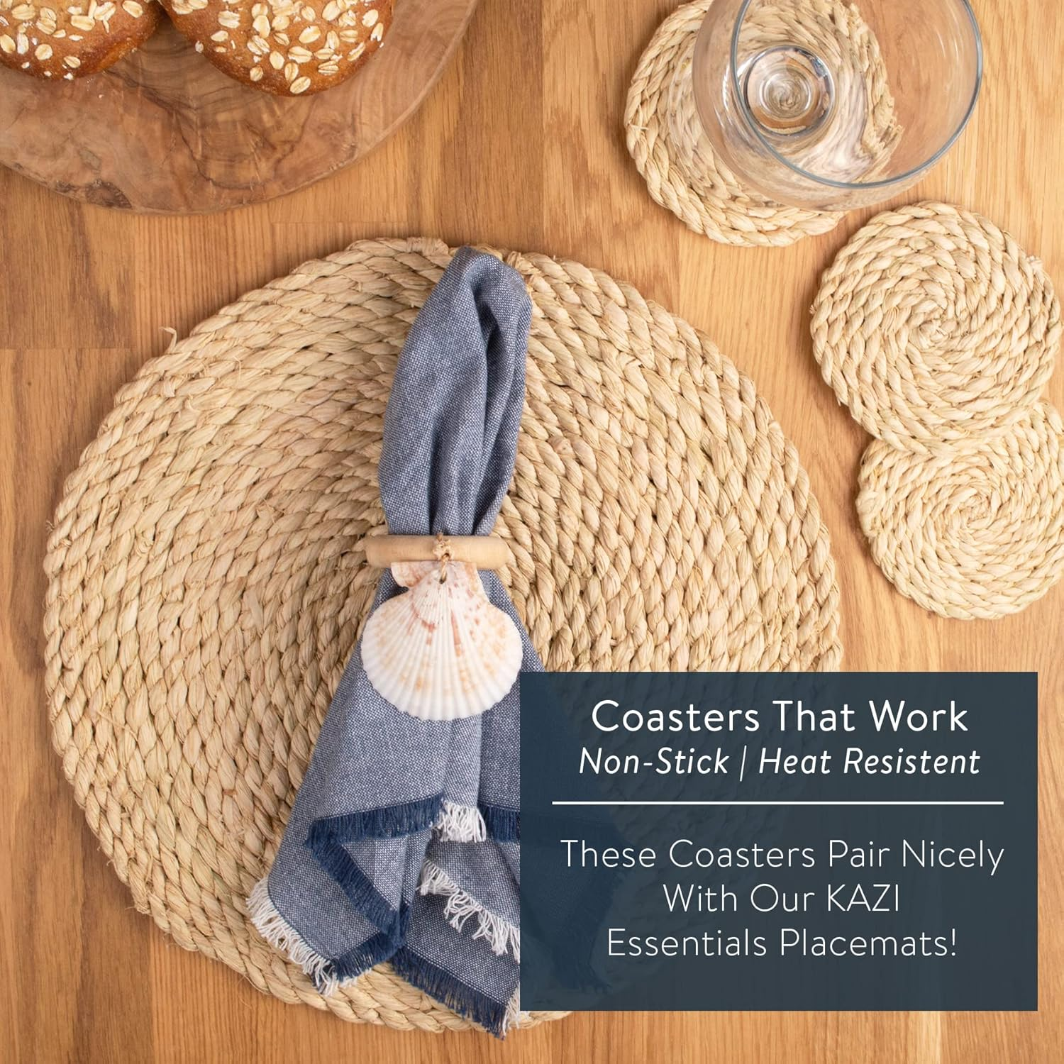 KAZI Essentials Boho Coasters for Drinks - Set of 6, Natural Wicker Raffia Woven Coasters, Eco-Friendly Handmade by African Artisans, Housewarming Gift, Coastal, Cottage D&eacute;cor (Natural Raffia) image number 1
