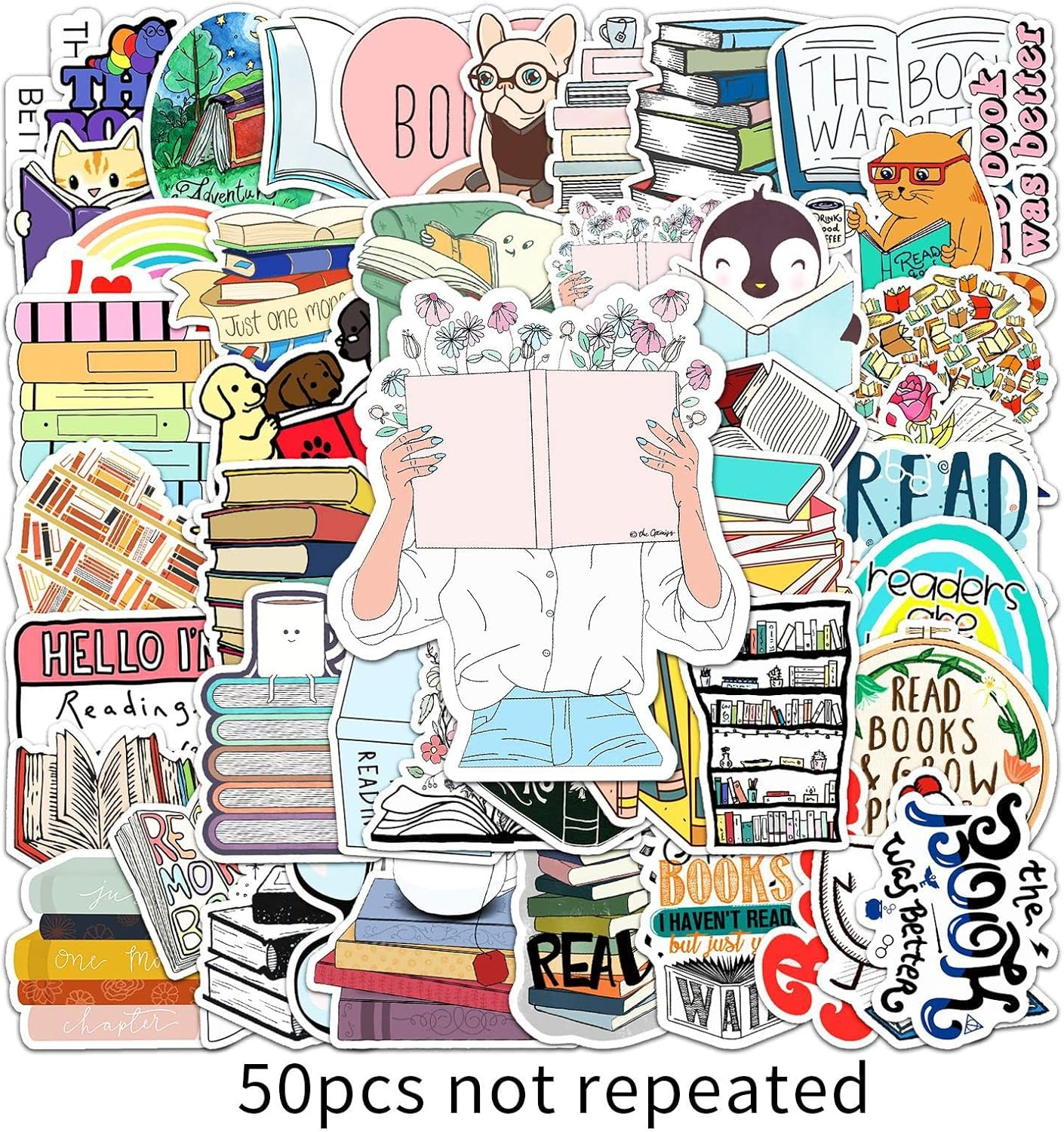 Reading Stickers 50Pcs Funny Inspirational Book Stickers for Water Bottle Laptop Scrapbooking Journal Luggage Skateboard Computer,Vinyl Waterproof Reading Lovers Decals for Teens Kids Students