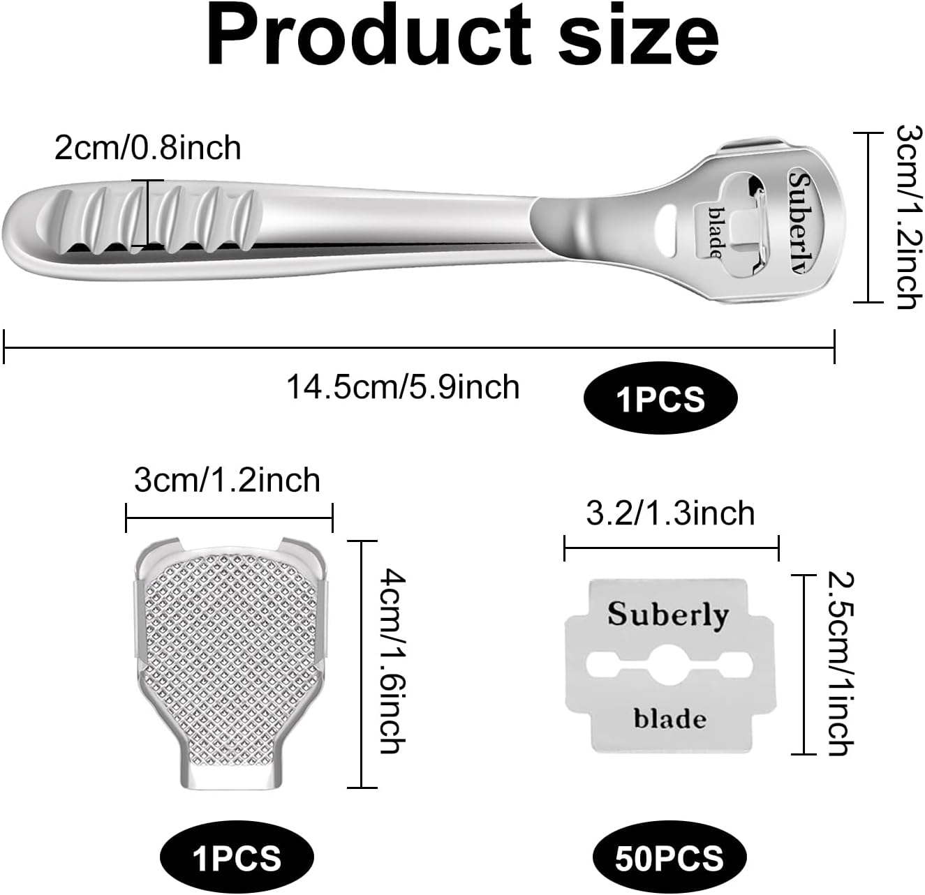52 Pcs Callus Shaver Set,Funcyboo Callus Shavers Foot Care Razor Foot Shaver Pedicure Tools Heel Scraper for Feet (50 Replacement Blade &1 Stainless Steel Callus Shaver and 1 Foot File Heads) image number 5