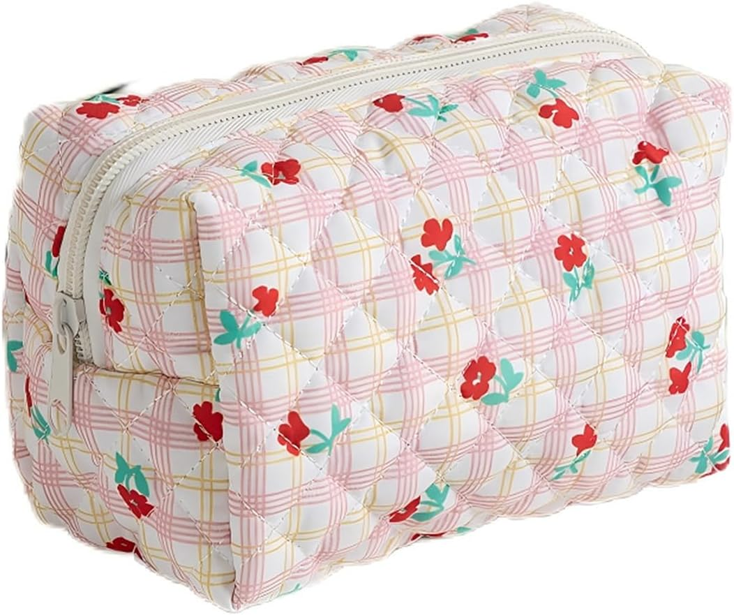 Quilted Makeup Bag, Cute Floral Cosmetic Bag for Women, Cotton Make up Bag, Flower Travel Toiletry Bag Organizer Floral-6