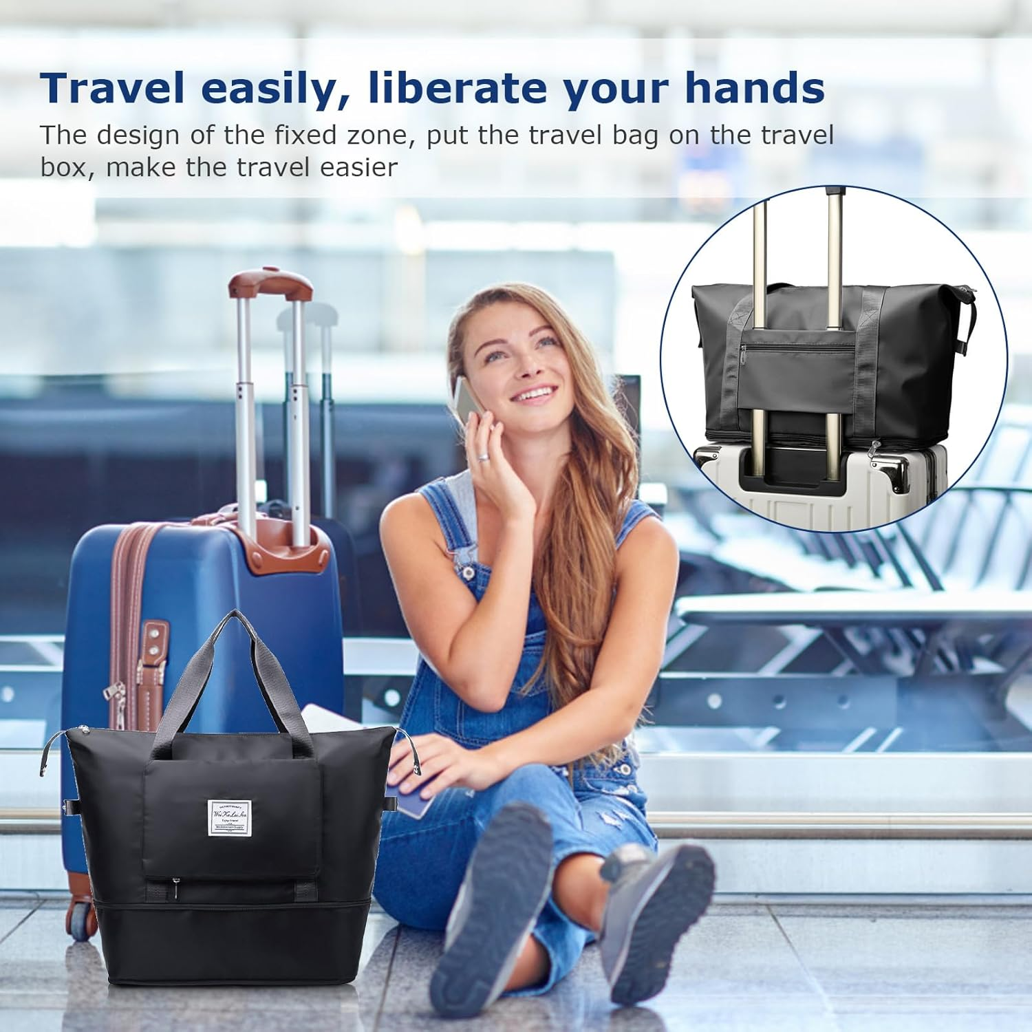 Auolen Large Capacity Folding Travel Bag, Foldable Travel Duffel Bag, Dry and Wet Separation Sports Portable Shoulder Bag, Travel Lightweight Waterproof Carry Luggage Bag (Black)