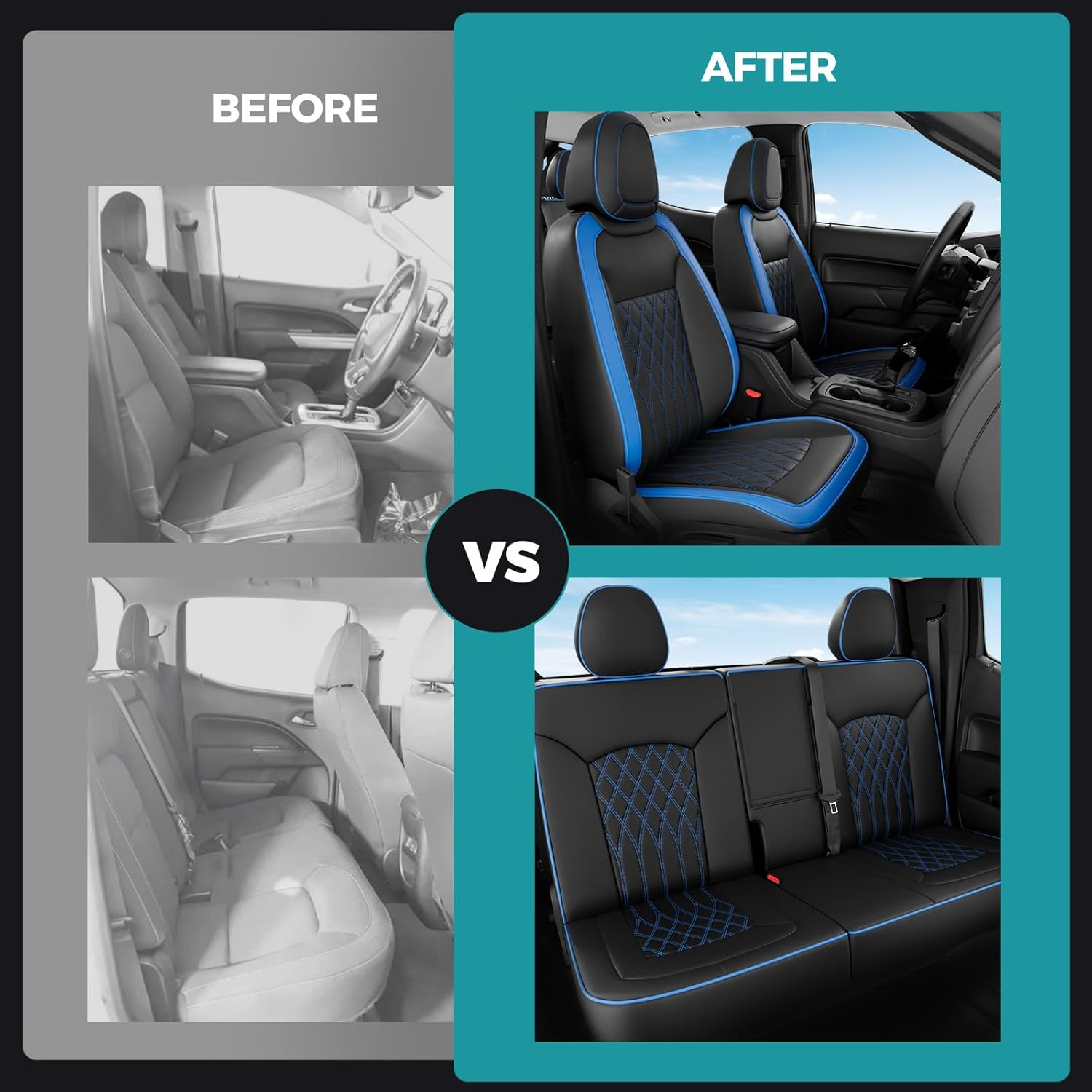FEINEPRO Custom for Chevy Colorado 2015-2022 Crew Cab Extended Cab Z71 LT ZR2 - Faux Leather Pickup Seat Covers for Colorado Accessories (Black Blue, Full Seat/2015-2022 Crew Cab) image number 6