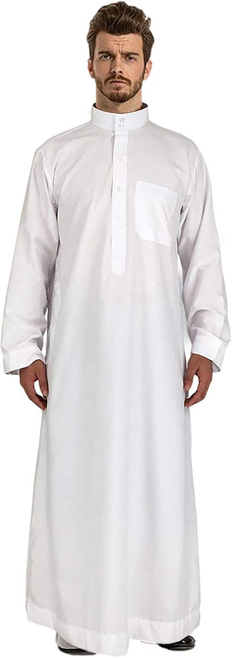 Men'Clothing Thobe - Men'S Casual Solid Saudi Arabic Thobe,Crew Stand Collar Kaftan Robe with Button for Beach,