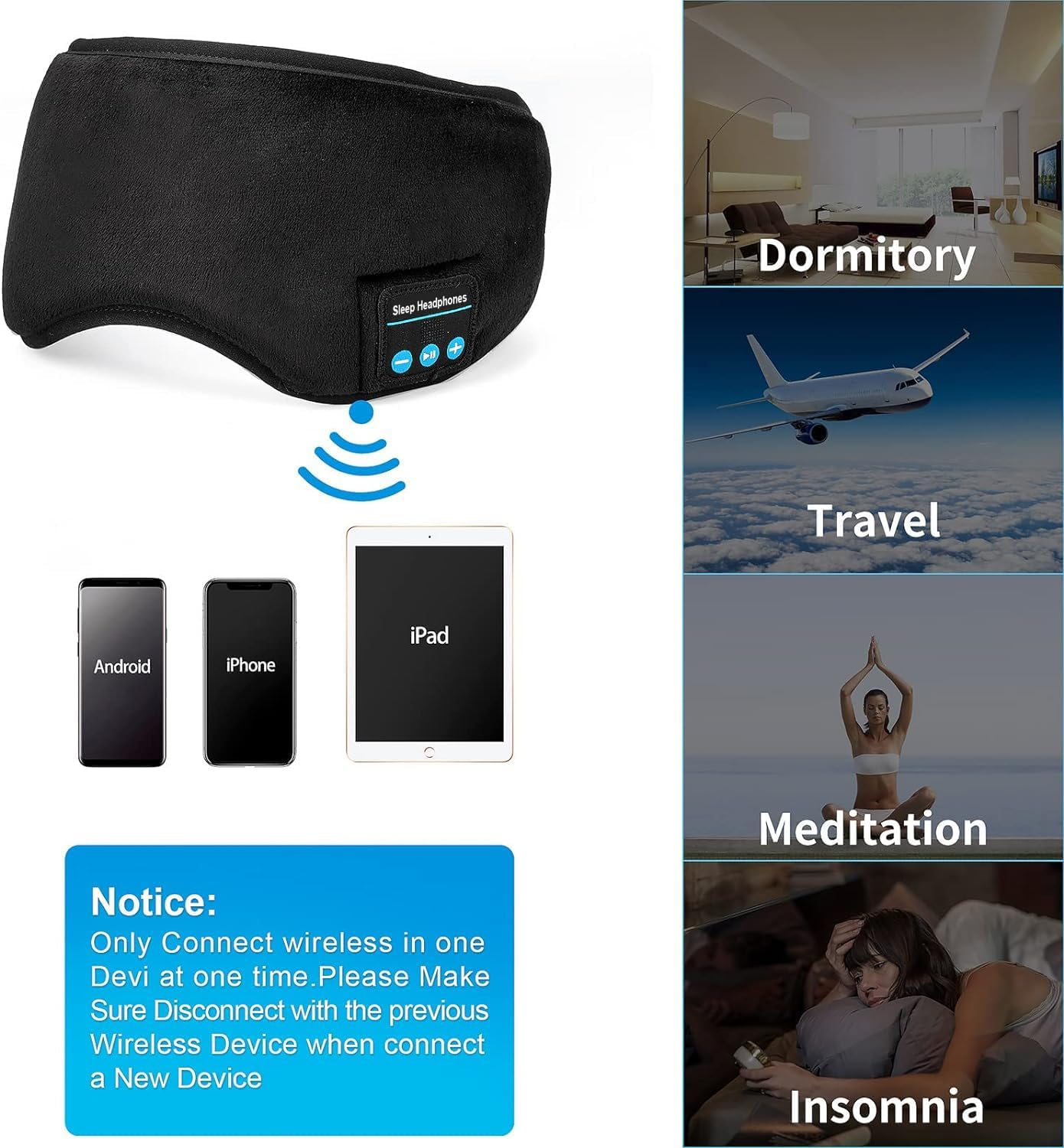 Bluetooth Sleeping Headphones,Perytong Skin-Friendly Wireless Music Bluetooth Sleep Eye Mask,Upgraded Travel Sleeping Headset,Bluetooth Handsfree Sleep Eye Shades Built-In Speakers Microphone Washable image number 1