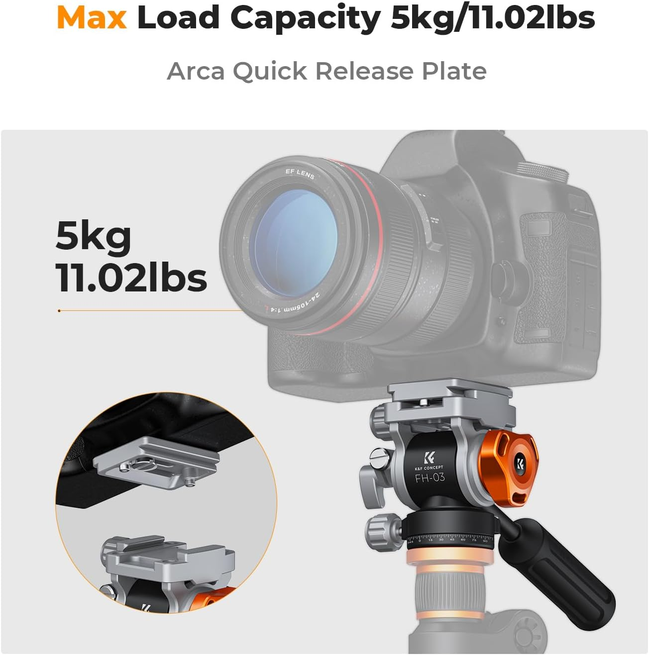 Tripod Head, K&F Concept FH-03 Fluid Head, Tripod Head for Tripod, Video Head with Arca-Swiss Quick Release Plate, Damping Head Compatible with Dslrs, Mirrorless Cameras, Film Cameras, Load up to 5 Kg image number 4
