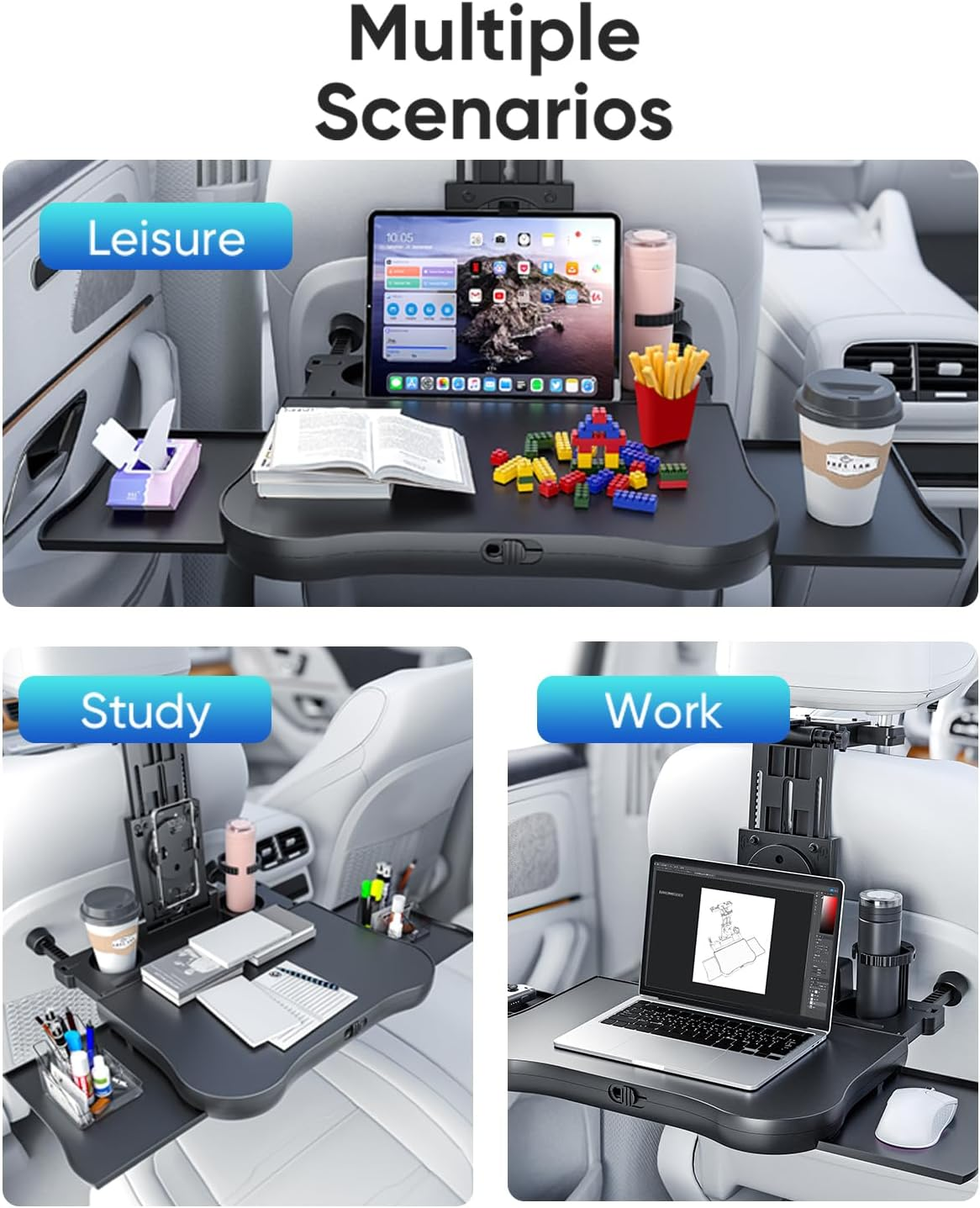 Mfancy Car Seat Table with Expandable Tray | Car Desk&ndash;Foldable Laptop Table for Steering Wheel & Backseat | Car Accessories for Eating, Work, Kids Study | Universal Fit with Cup & Phone Holder image number 6