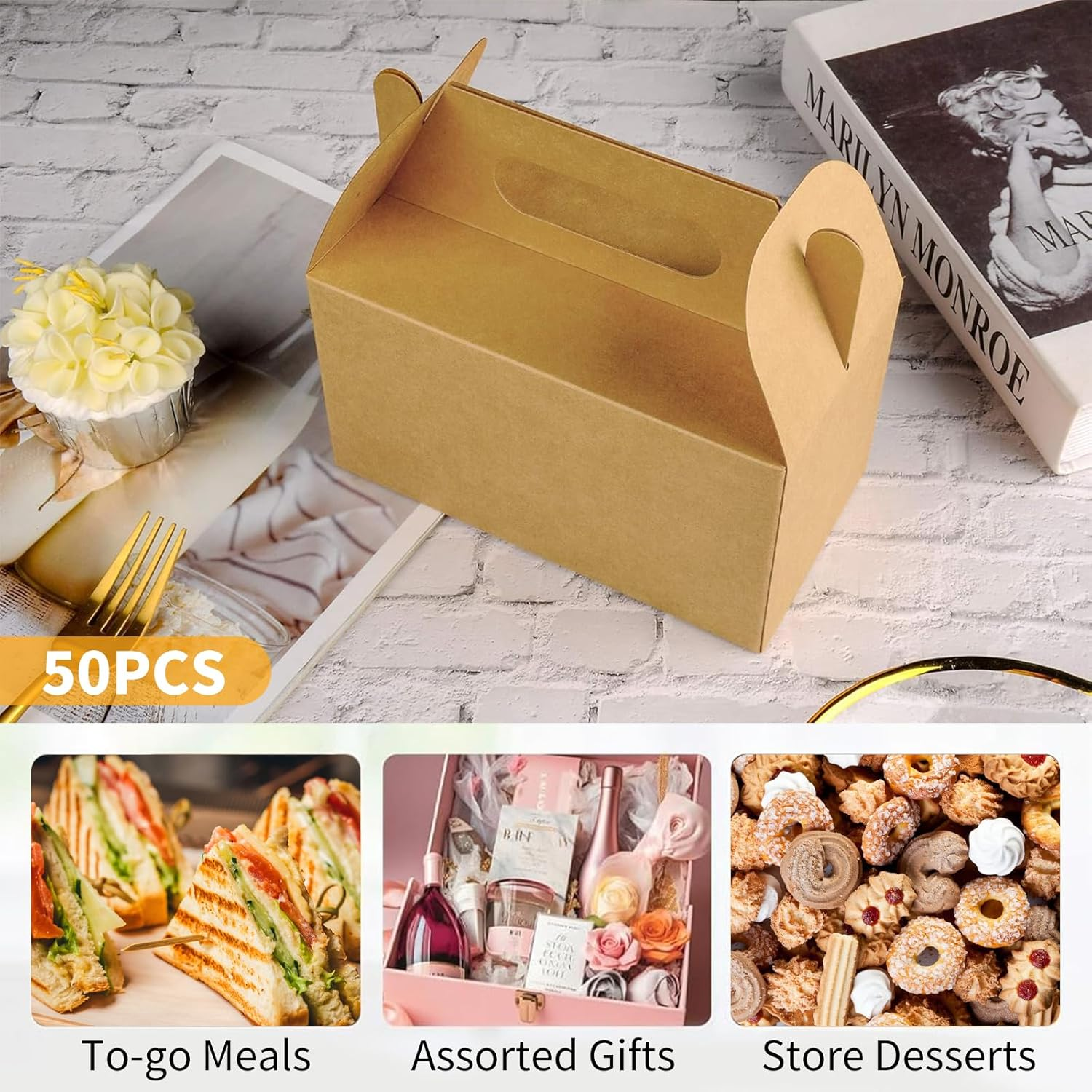 50 Pcs Treat Boxes 16X9X10Cm Kraft Paper Gift Boxes Gable Boxes Party Favor Boxes Snack Boxes Goodie Boxes Cardboard Cookie Boxes Chips Candy Treat Boxes for Birthday Party Wedding Baby Shower (White) image number 1