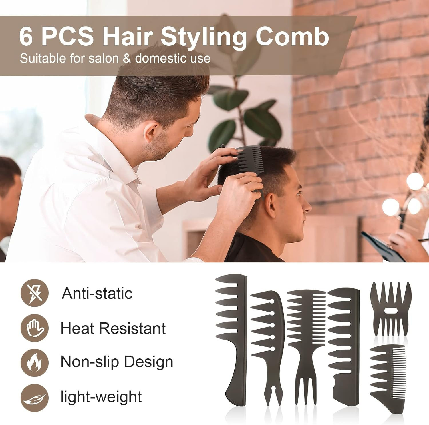 URAQT Mens Styling Set, 6Pc Wide Tooth Hair Comb, Pompadour & Curl Wet Comb, Anti-Static for Men & Ladies image number 1