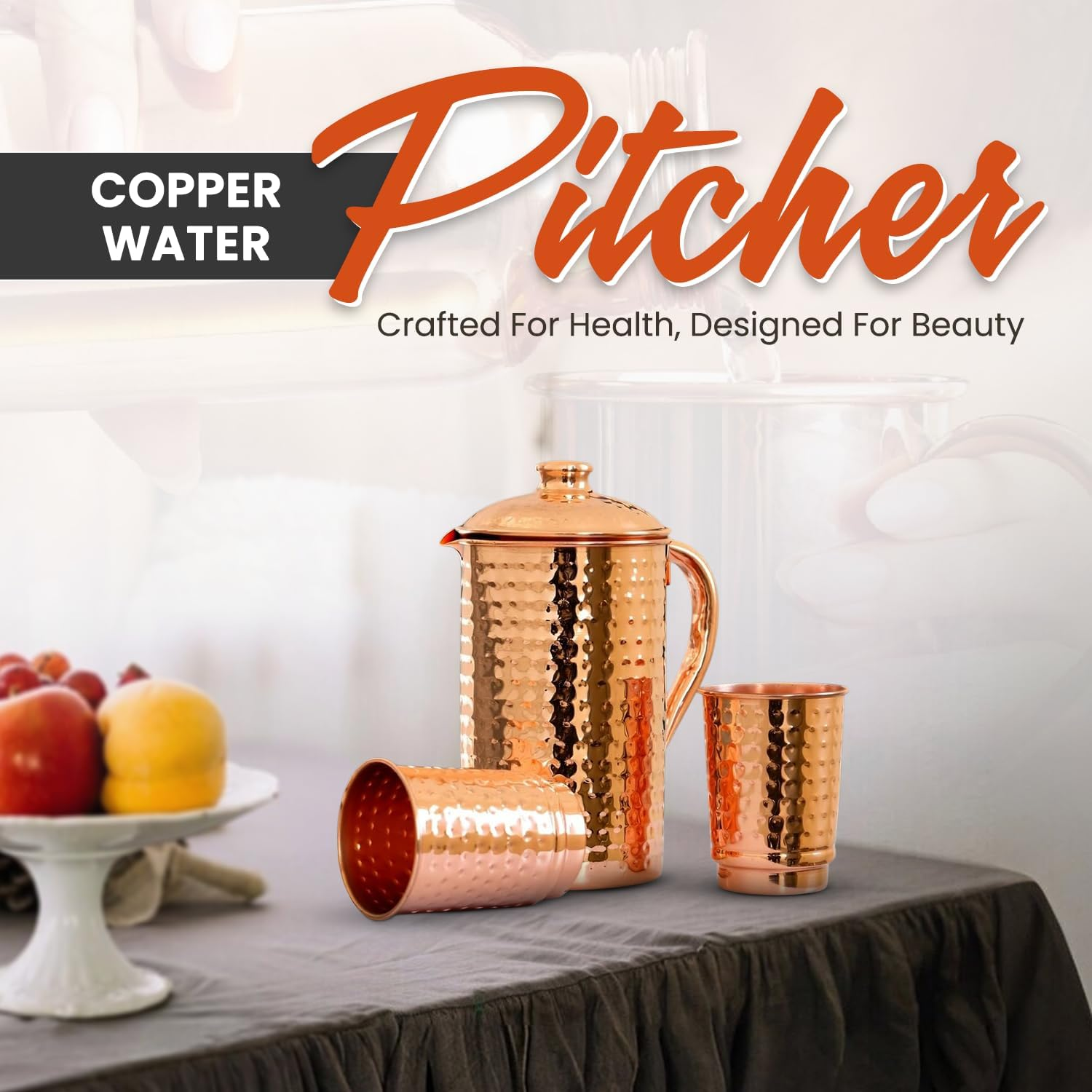 2Activelife Handmade Hammered Design Copper Water Pitcher with 2 Copper Cups | Traditional Copper Pitcher for Drinking and Serving Water in Daily Use (50.7 Fl Oz) image number 4