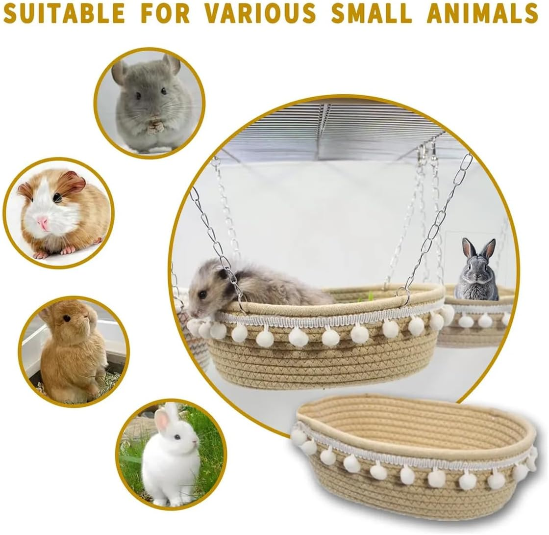 AIMALL Small Pet Hammock for Hamster, Guinea Pig, Rat, Ferret - Soft Cotton Hanging Bed Nest with Pom-Pom Details, Secure Hanging System for Pet Cage - Cozy and Comfortable Resting Spot image number 3