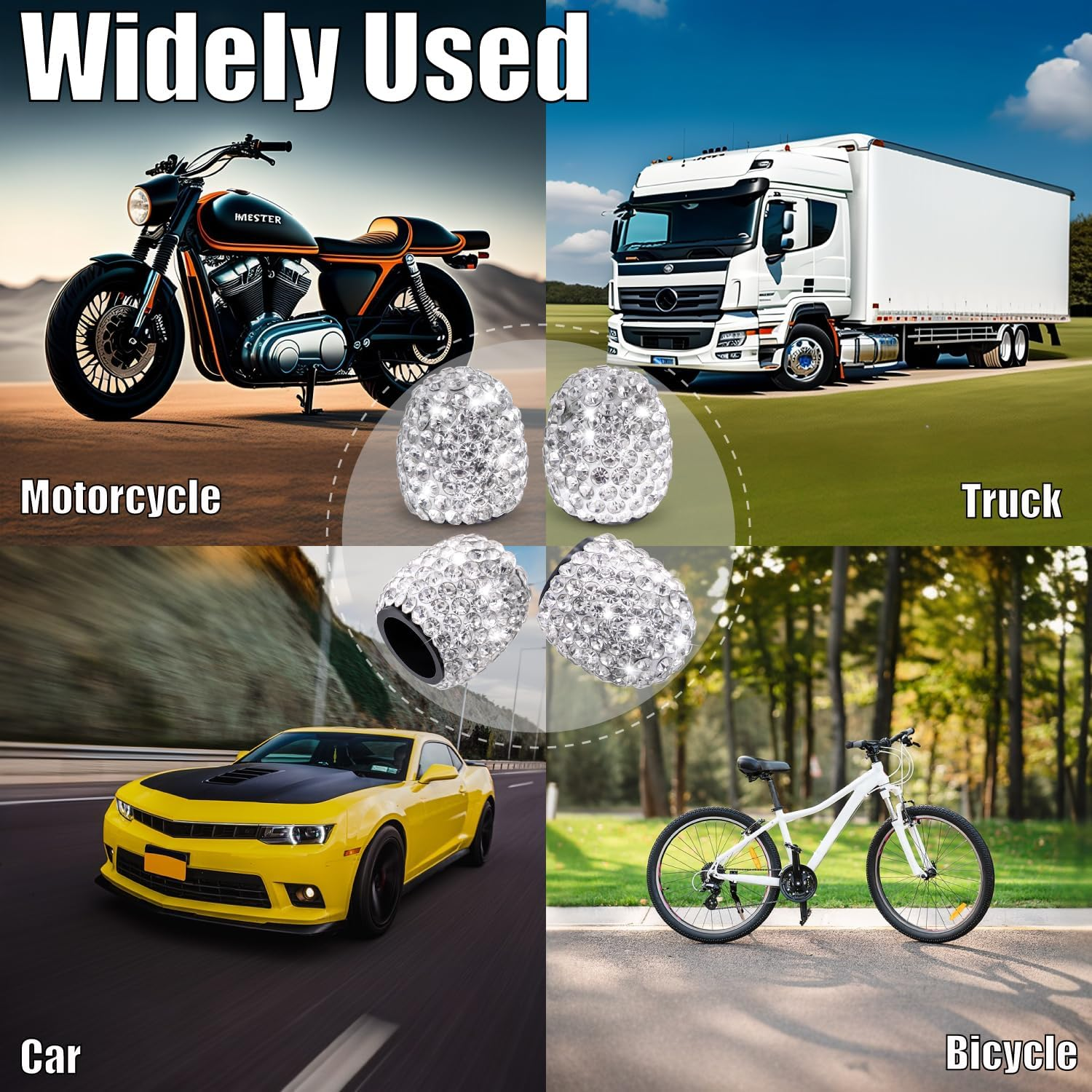 MEAJOO 4PCS Bling Crystal Diamond Tire Stem Valve Caps, Dustproof Car Wheel Tire Valve Caps Universal Tire Valve Stem Covers for Cars, SUV, Trucks, Bikes, Motorcycles, Bicycles (White) image number 5